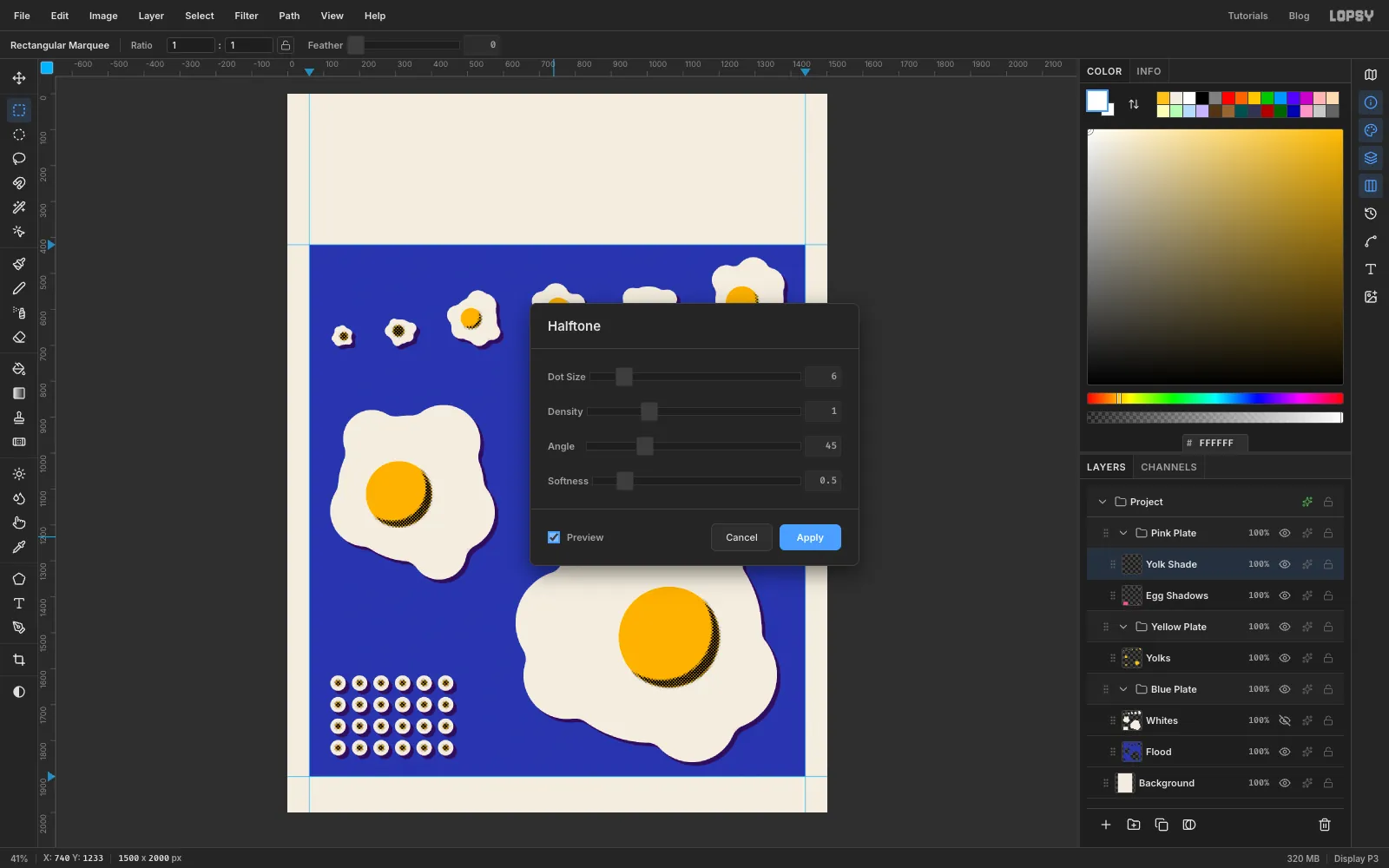 The Halftone dialog with Dot Size 6, Angle 45 and Softness 0.5, previewing black dots along the yolk crescents