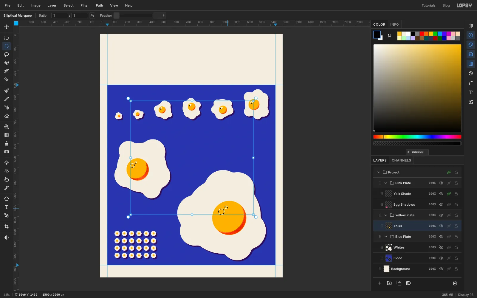 Small circular selections on the upper left of each yolk, two per yolk, ready to be deleted