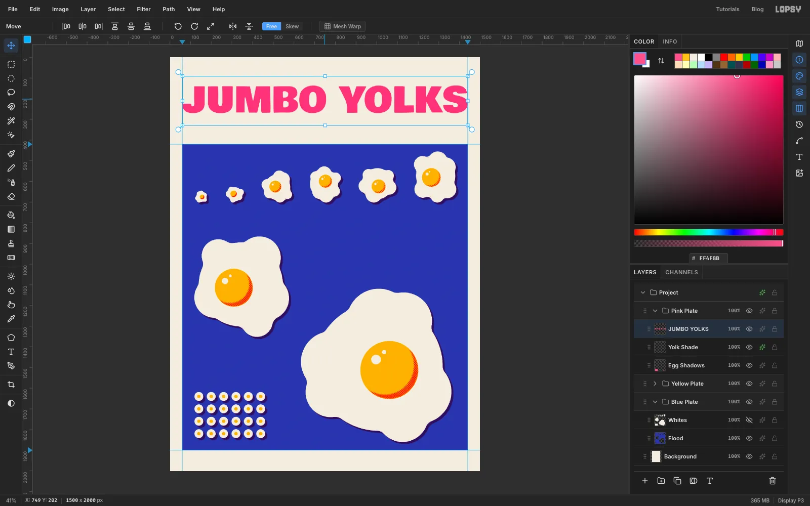 JUMBO YOLKS in hot-pink Bowlby One spanning the full width of the page above the blue panel, with its text box selected