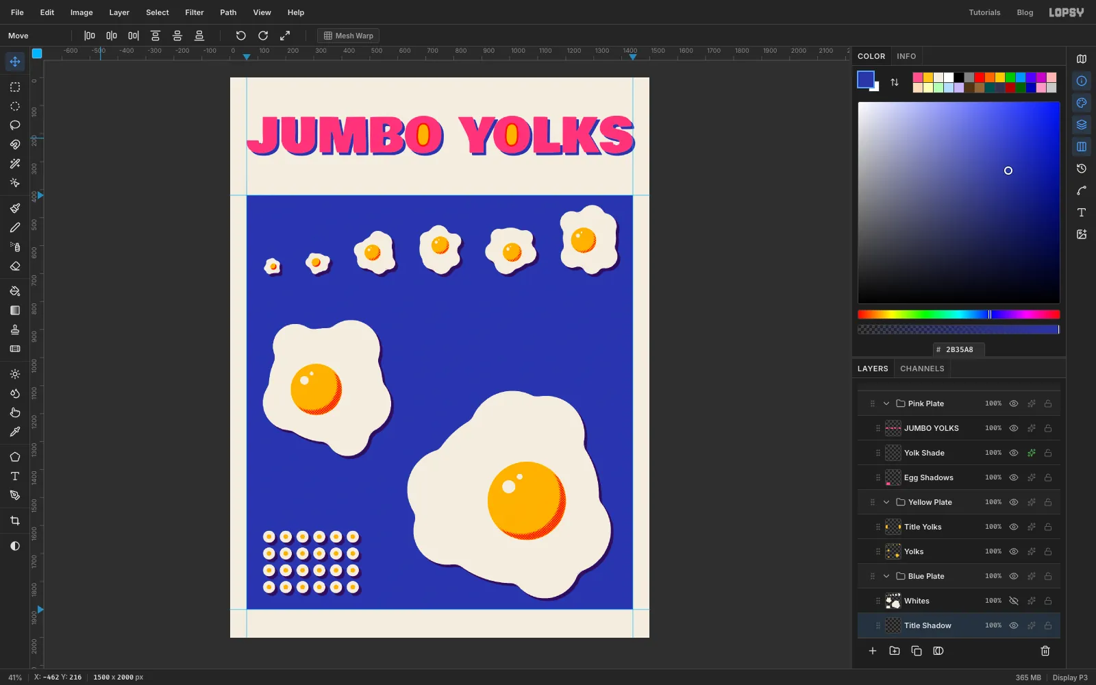 JUMBO YOLKS in pink with a solid blue shadow offset down and to the right of every letter, and yellow-filled O's