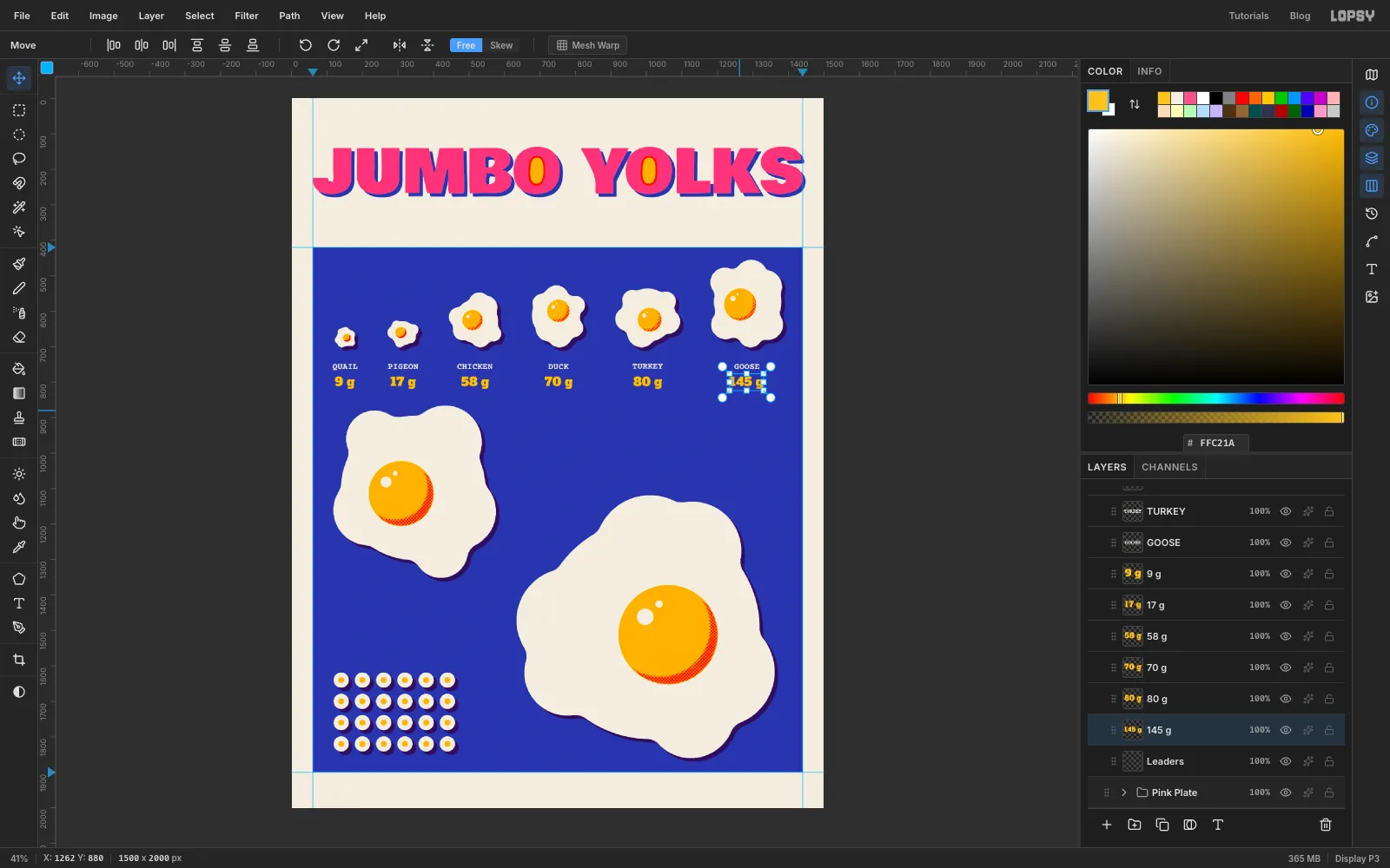 Cream bird names in Courier Prime Bold and yellow weights in Alfa Slab One centred under each of the six small eggs