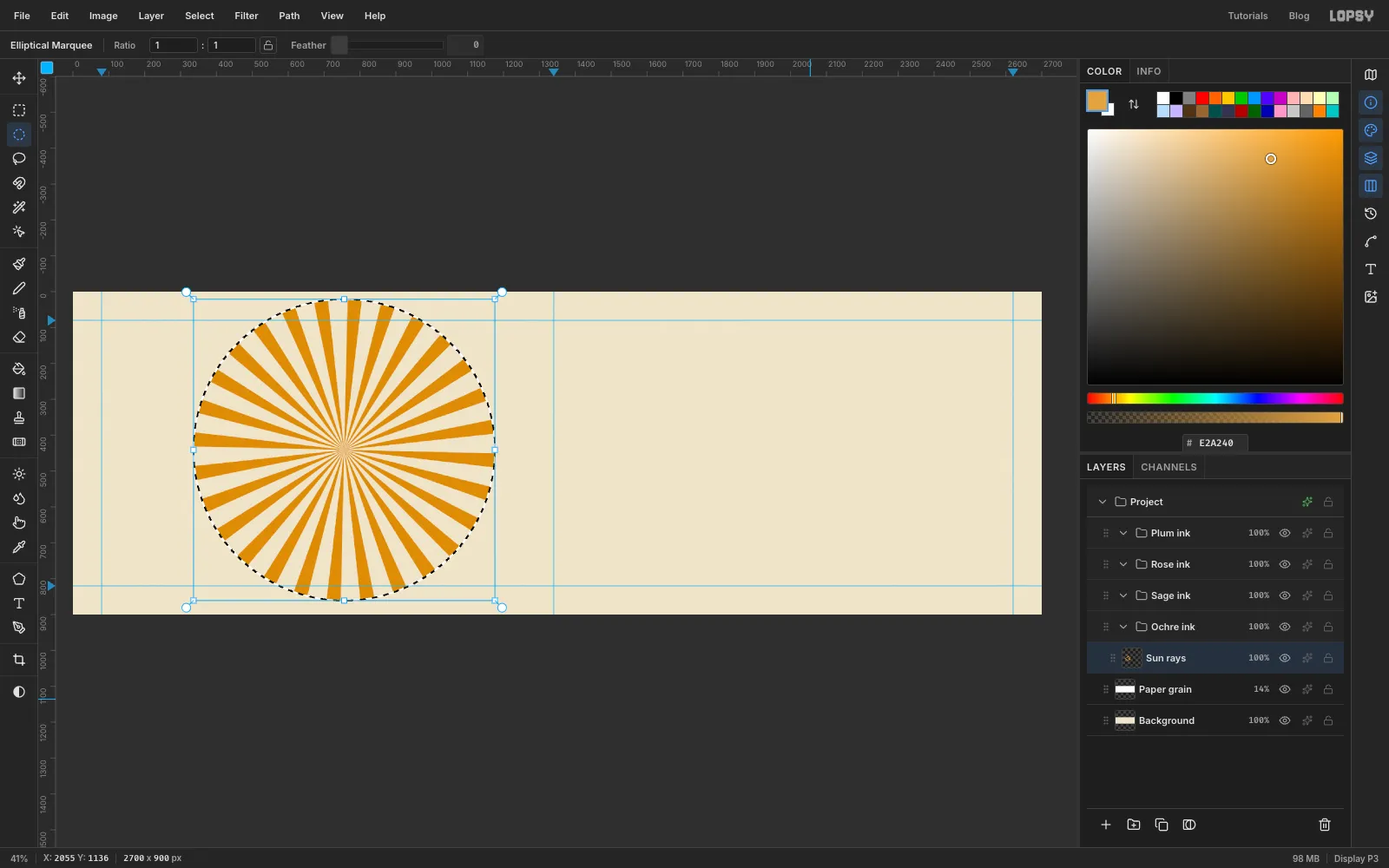 An elliptical marquee around the left third of the canvas, filled with 28 orange rays radiating from its centre