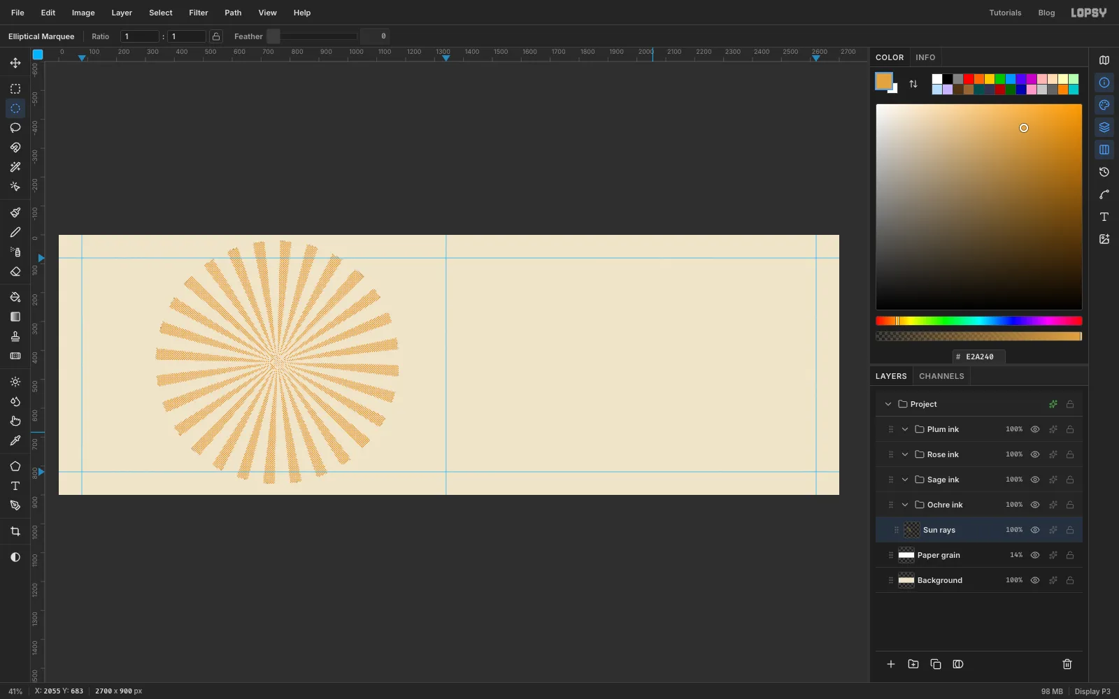 The rays turned into a pattern of small ochre dots, so they read lighter than solid ink