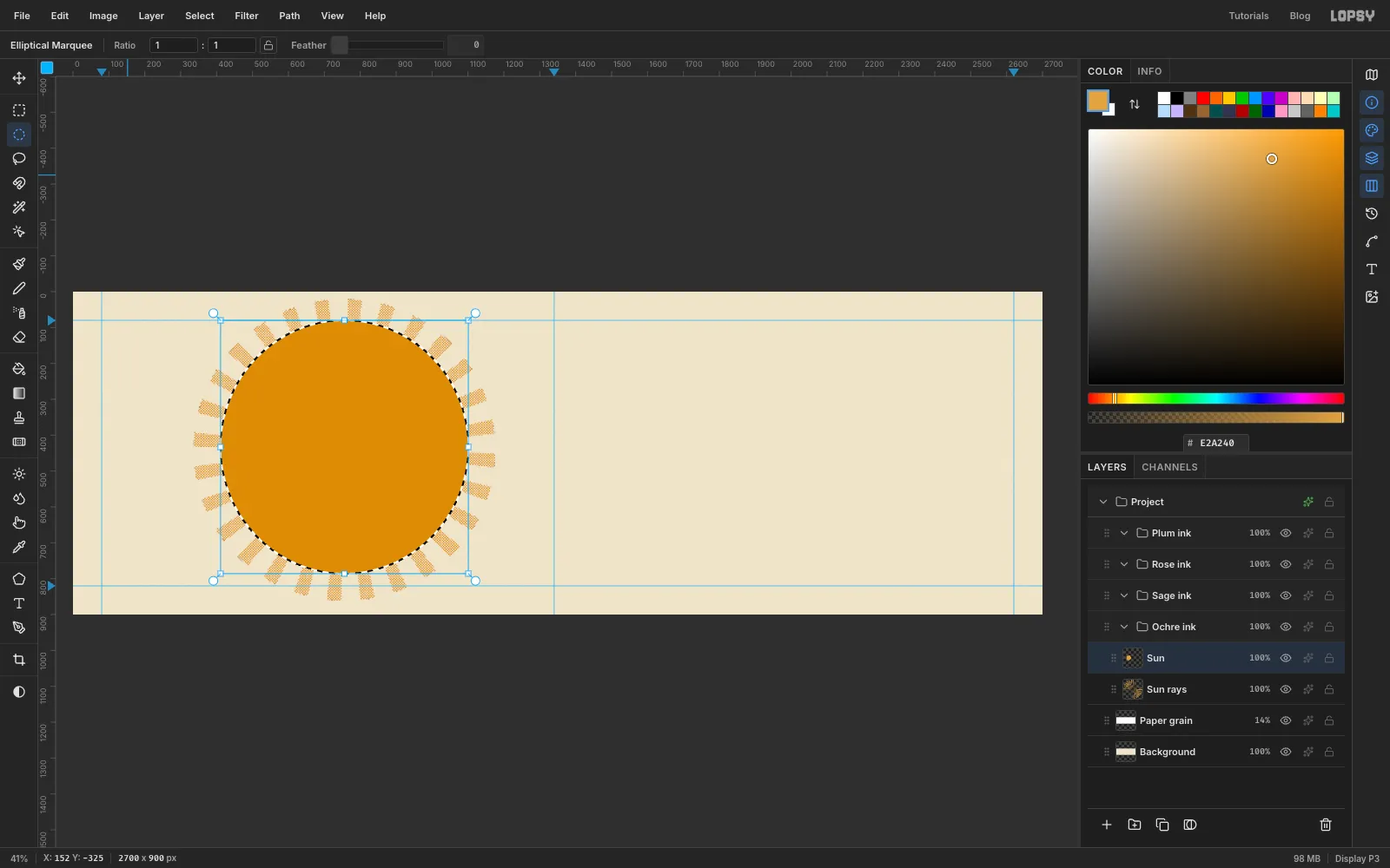 A solid ochre disc in the middle of the halftone rays, with its circular selection still active