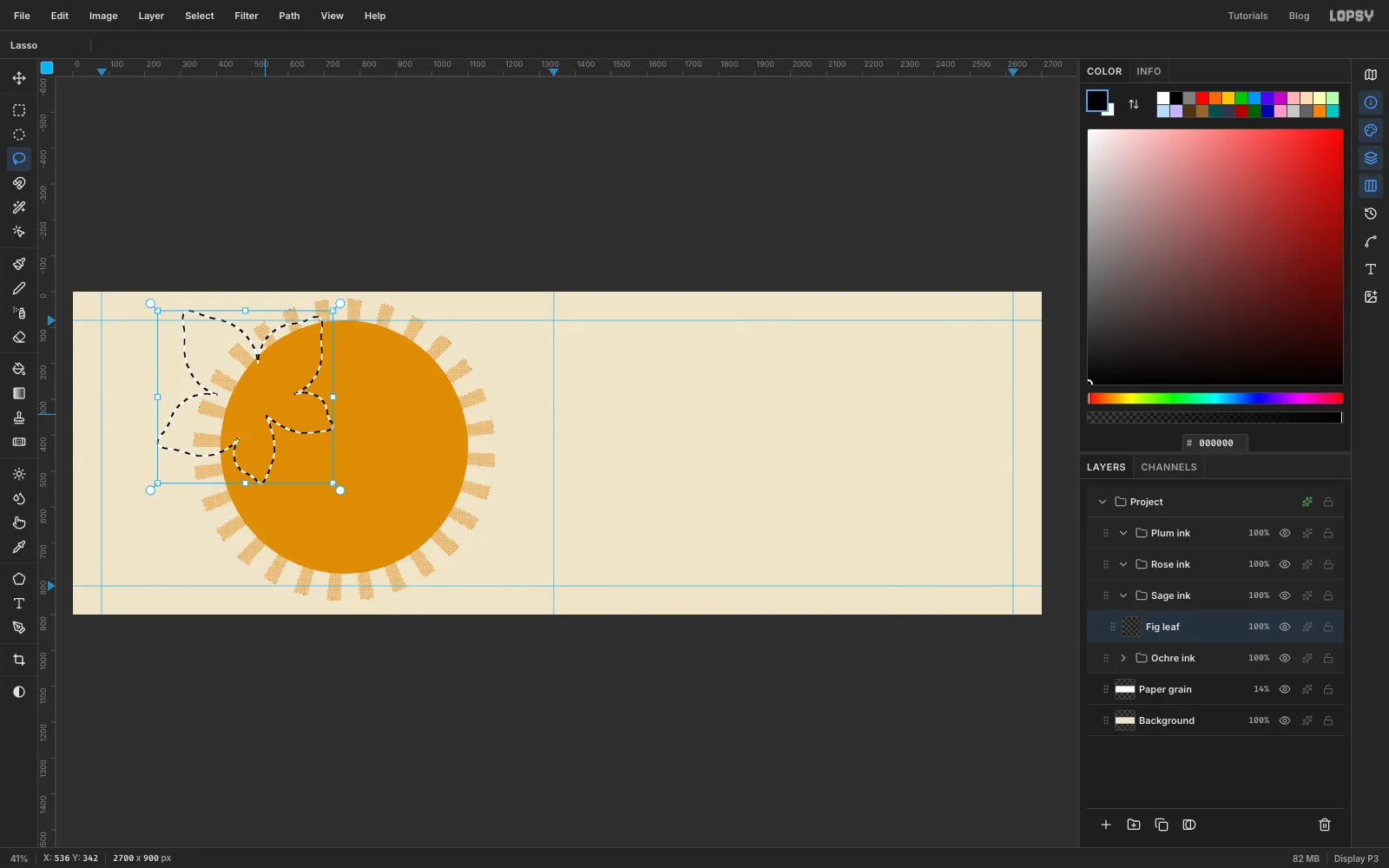 A five-lobed leaf drawn with the Lasso over the top left of the sun, its lobes pointing up and to the left