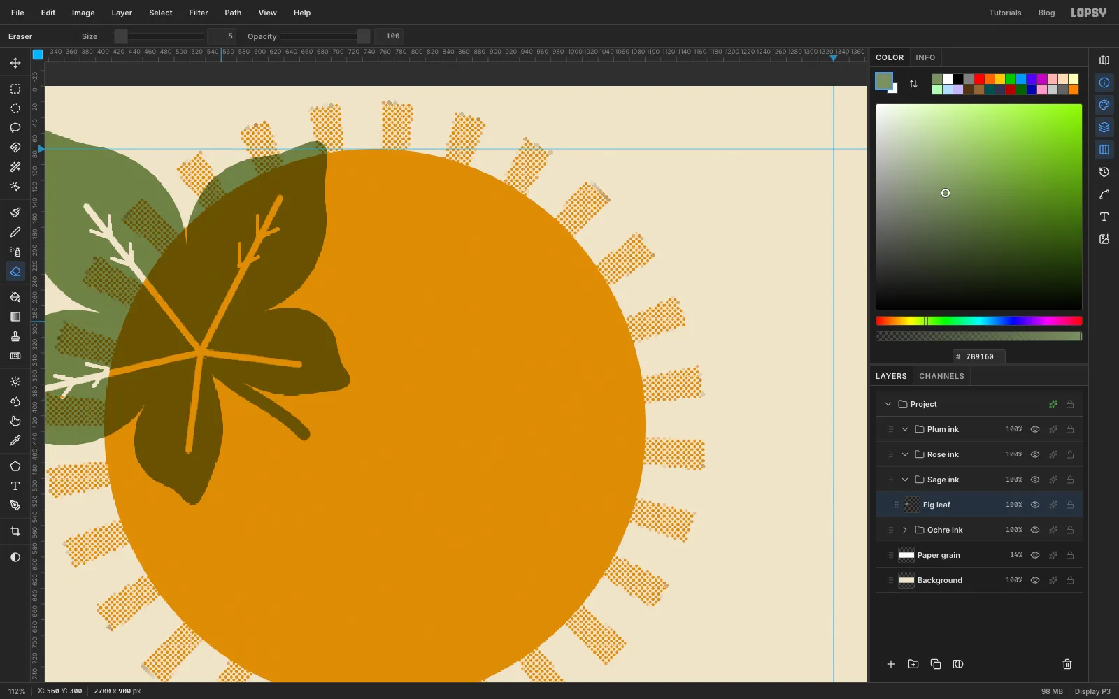 A close-up of the sage leaf over the sun with erased vein lines running from its base out to each lobe and short side veins branching off, cream off the sun and ochre where they cross it