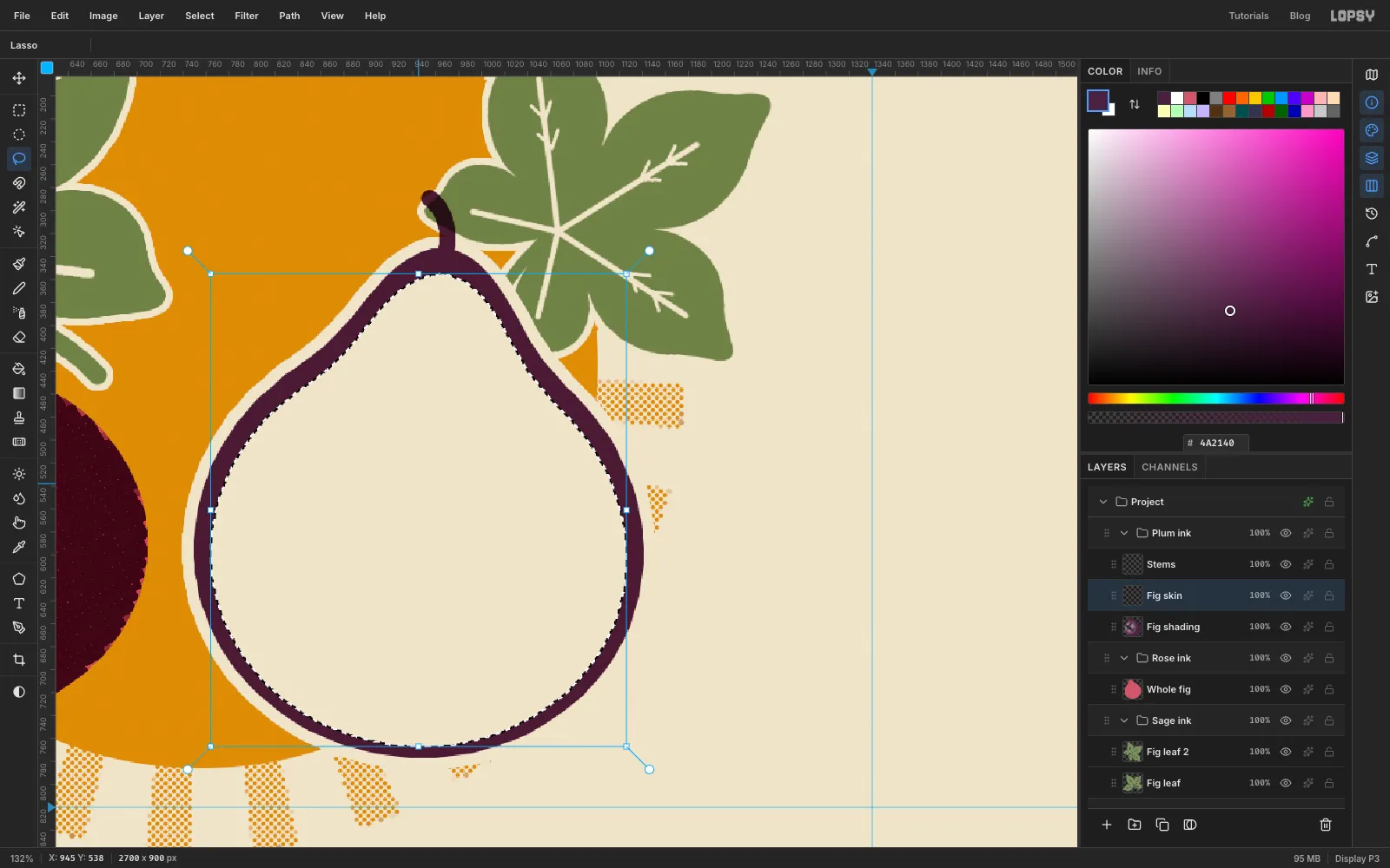 A close-up of the halved fig with a thin plum outline of skin around the paper window