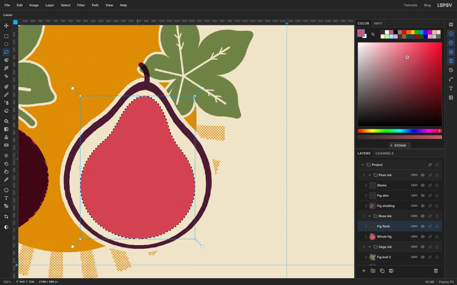 The halved fig's flesh filled in rose, leaving an even cream ring between it and the plum skin