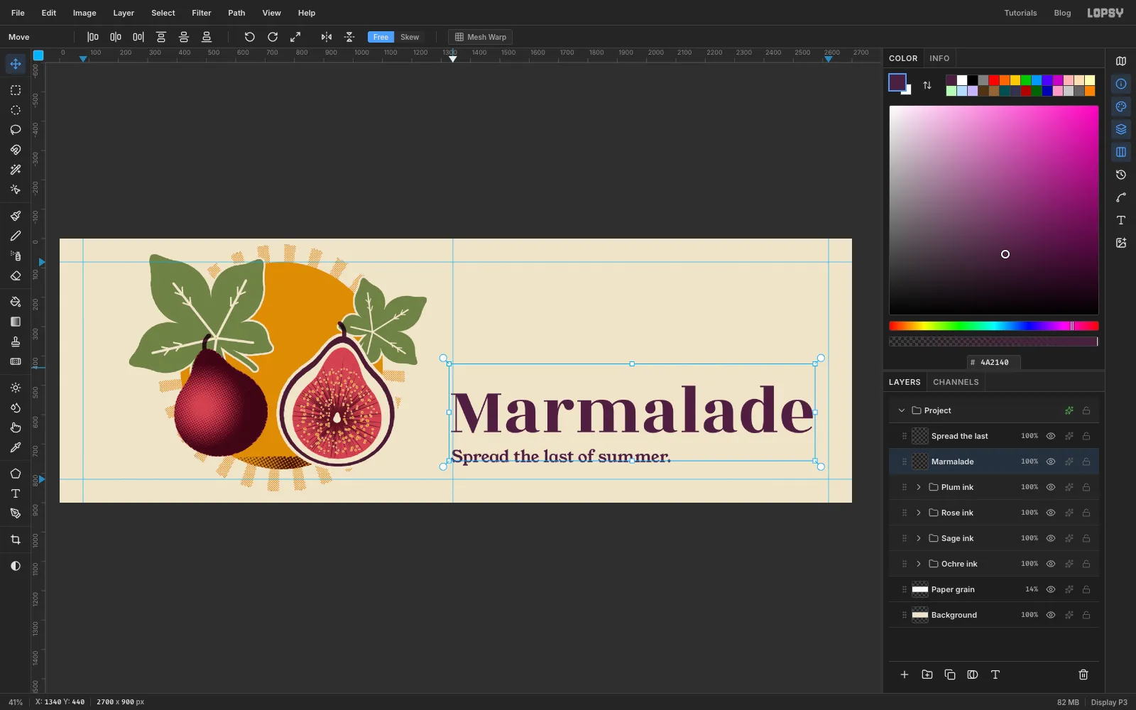 The tagline Spread the last of summer. and the word Marmalade in large plum serif letters in the type column