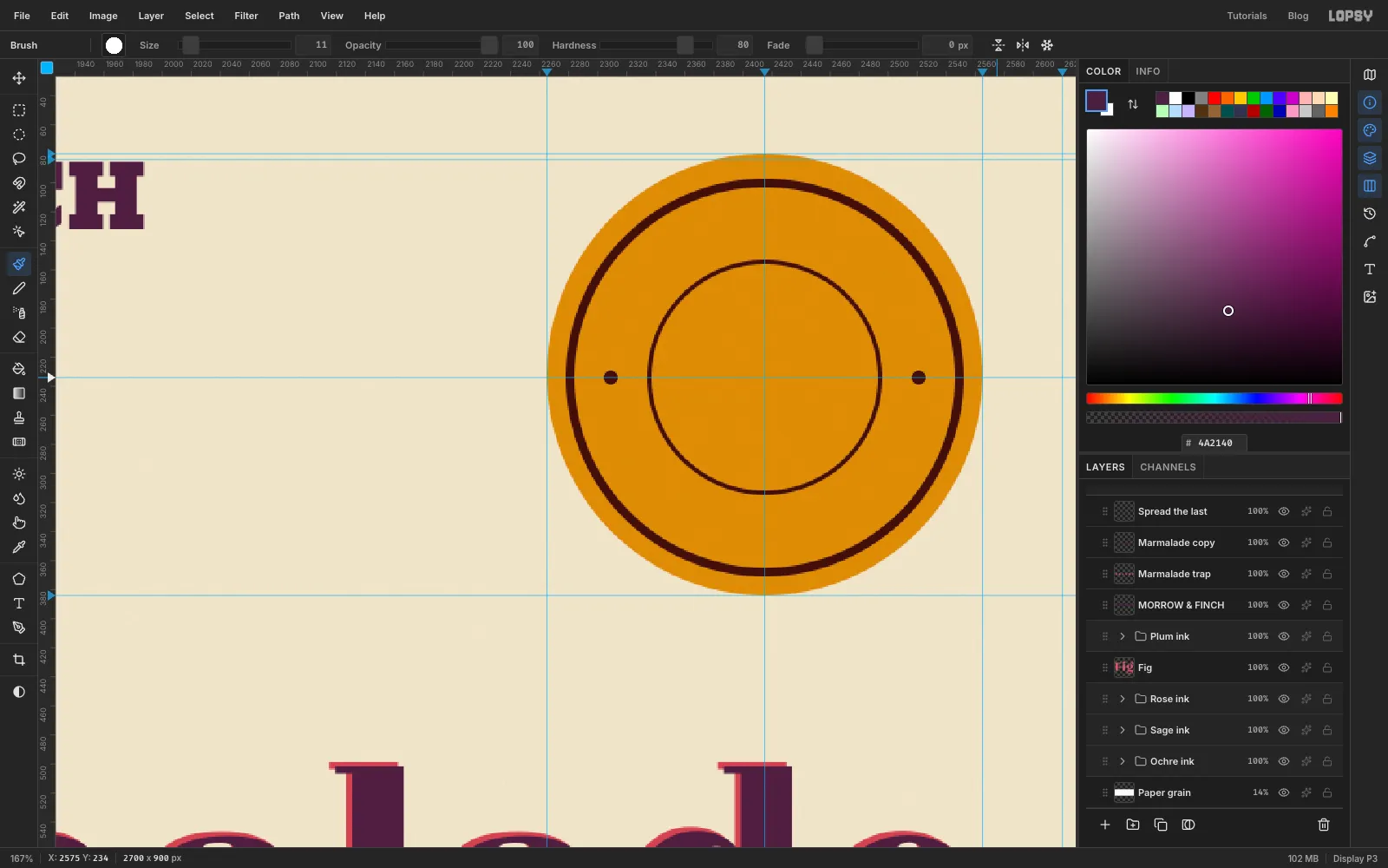 A close-up of the ochre badge with a thin plum outer ring, a thin plum inner ring and a plum dot at the 3 and 9 o'clock positions