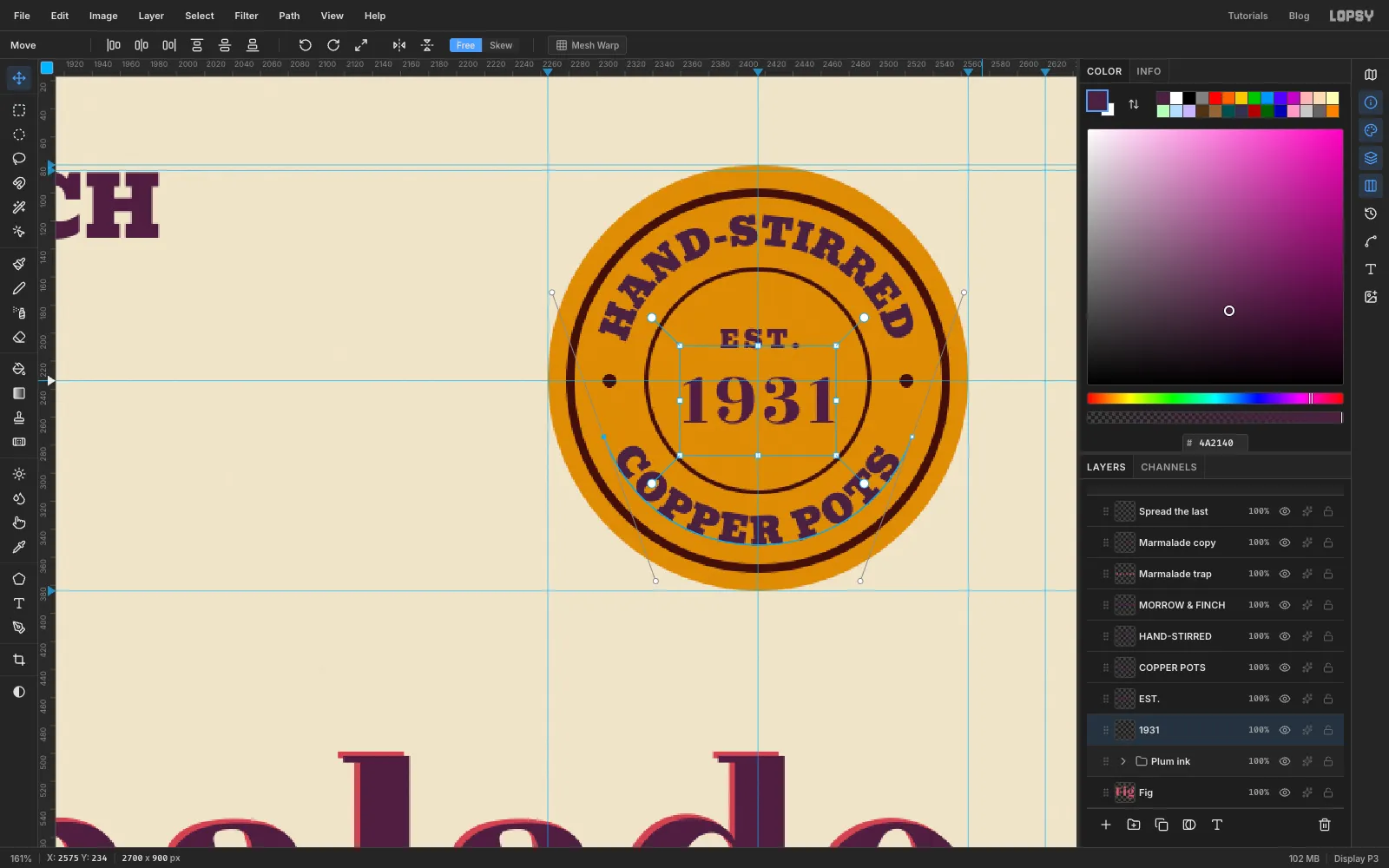 A close-up of the finished badge with EST. in small capitals above 1931 in a large serif, centred inside the inner ring