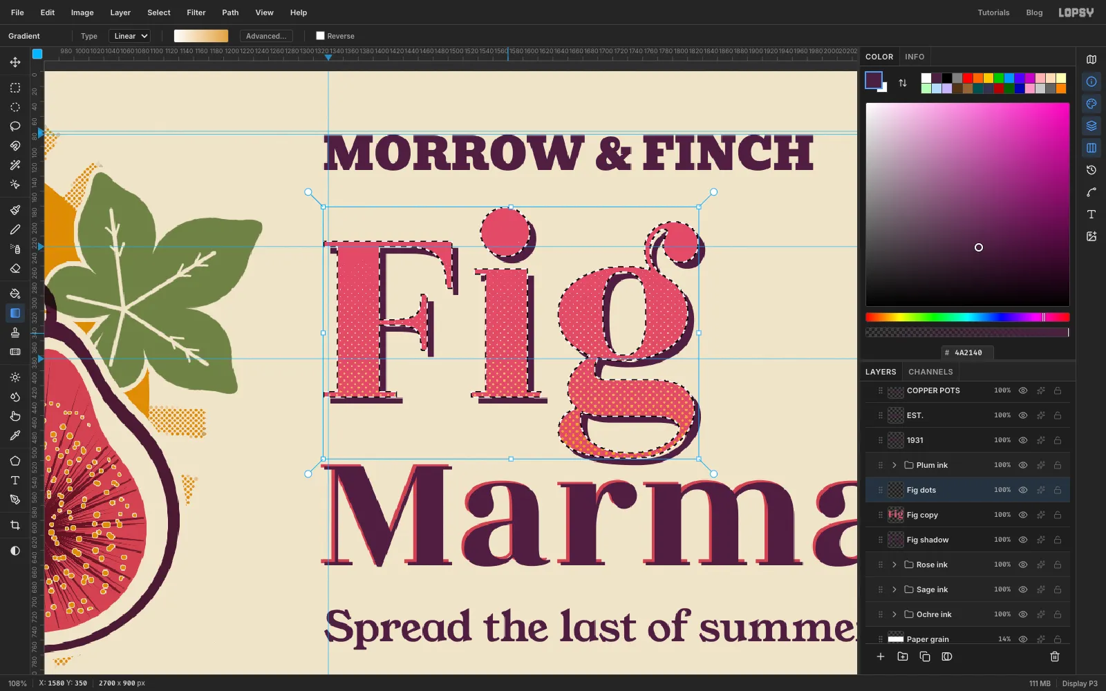 A close-up of the Fig letters selected with marching ants, with ochre halftone dots growing denser towards the bottom of each letter