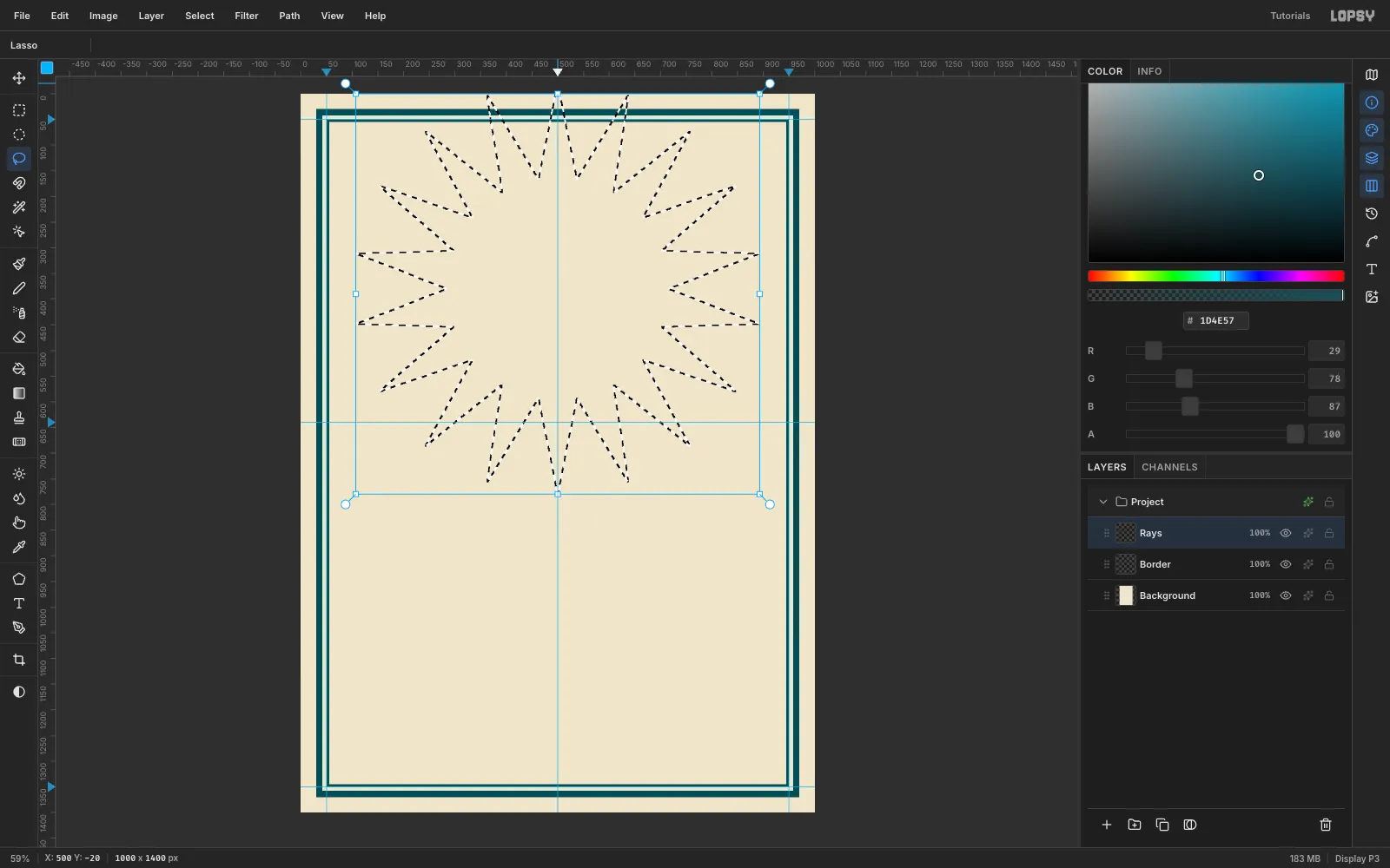 An 18-point star selection drawn with the Lasso tool across the top half of the menu