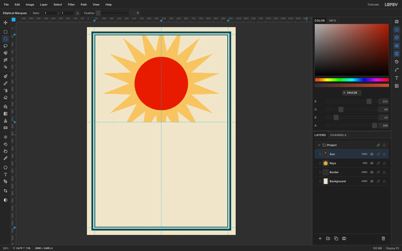 A red sun disc over the mustard sunburst, set to the Multiply blend mode