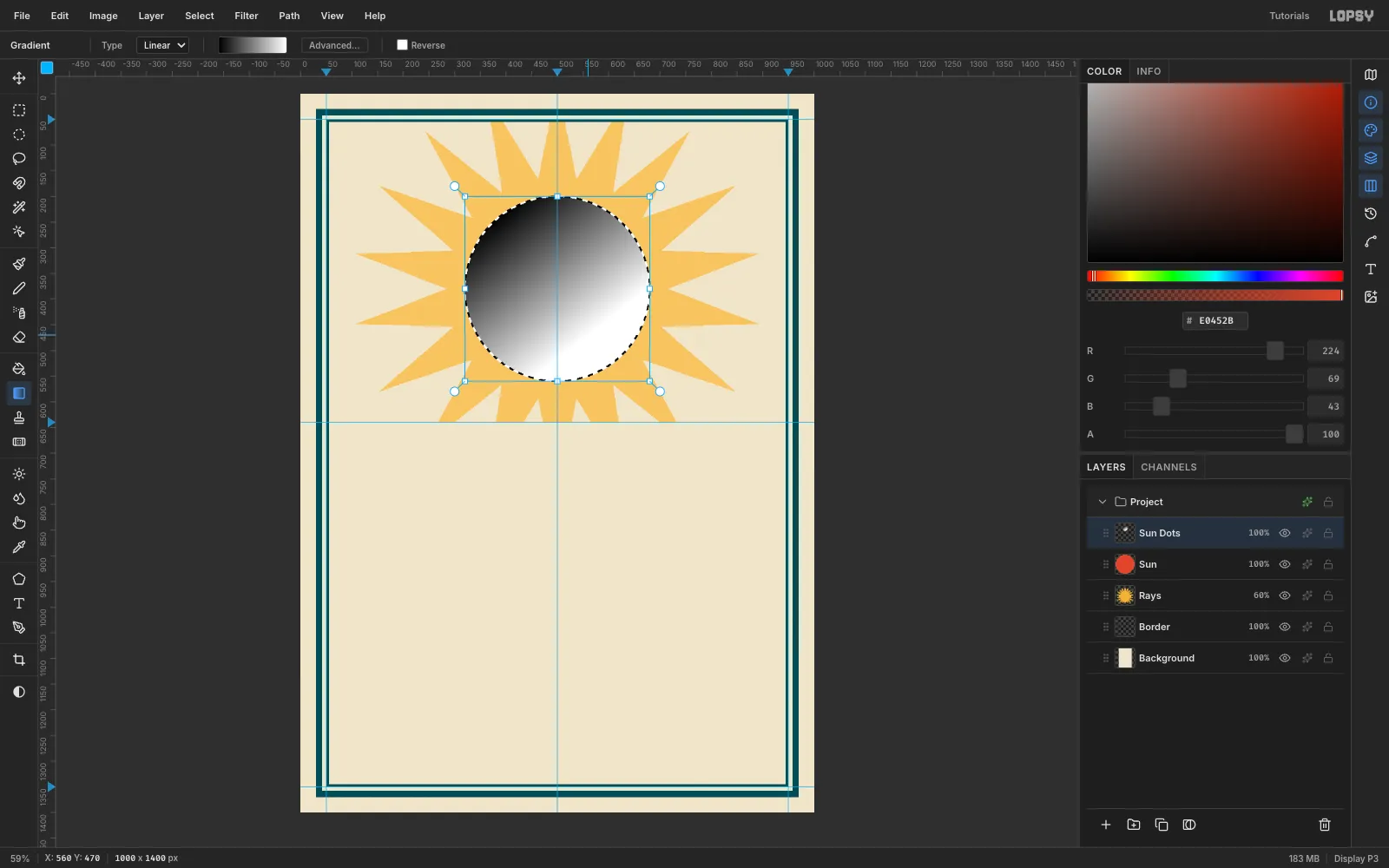 A black-to-white linear gradient clipped to the circular sun selection