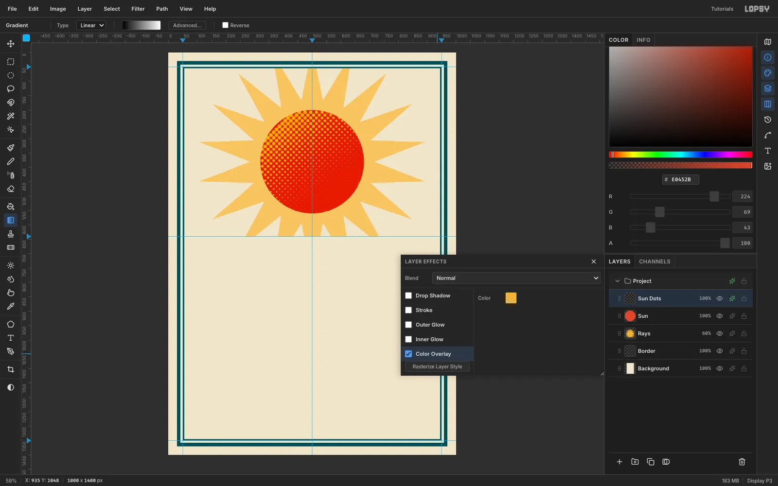 The Layer Effects drawer with Color Overlay enabled in mustard, turning the sun's dots yellow
