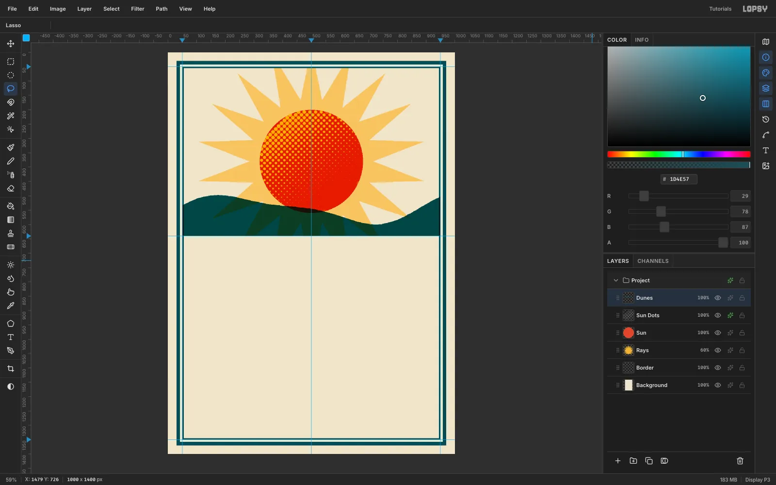 Wavy teal dunes across the bottom of the scene, overprinting the sun and rays