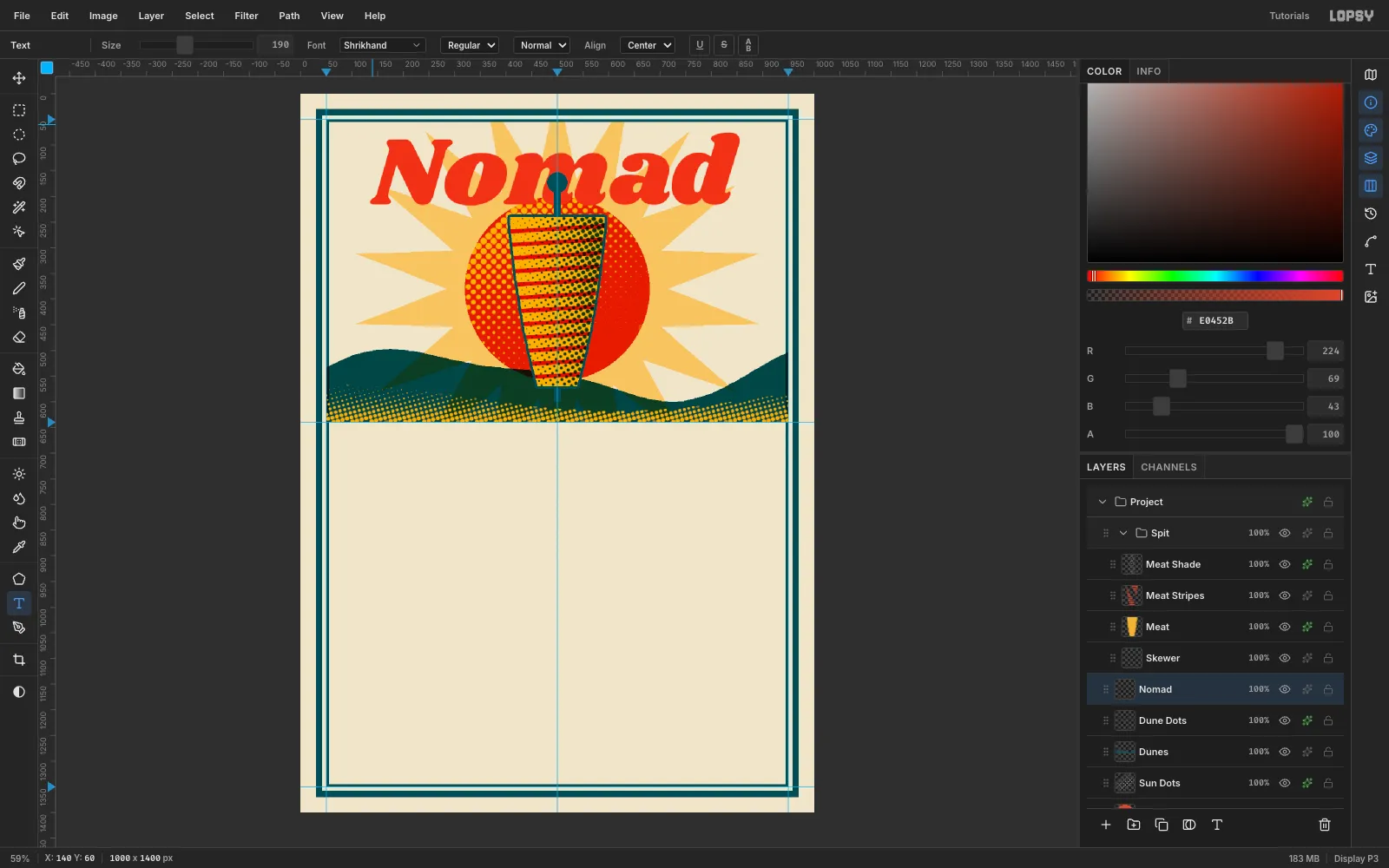 The word Nomad typed in large red Shrikhand at the top of the canvas