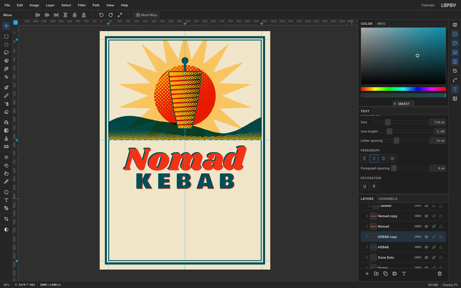 Wide-tracked teal KEBAB lettering under the headline with a thin red edge showing at the lower right