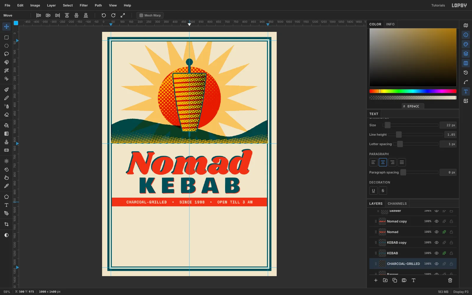 A tomato banner across the page with CHARCOAL-GRILLED • SINCE 1998 • OPEN TILL 3 AM in cream Space Mono Bold