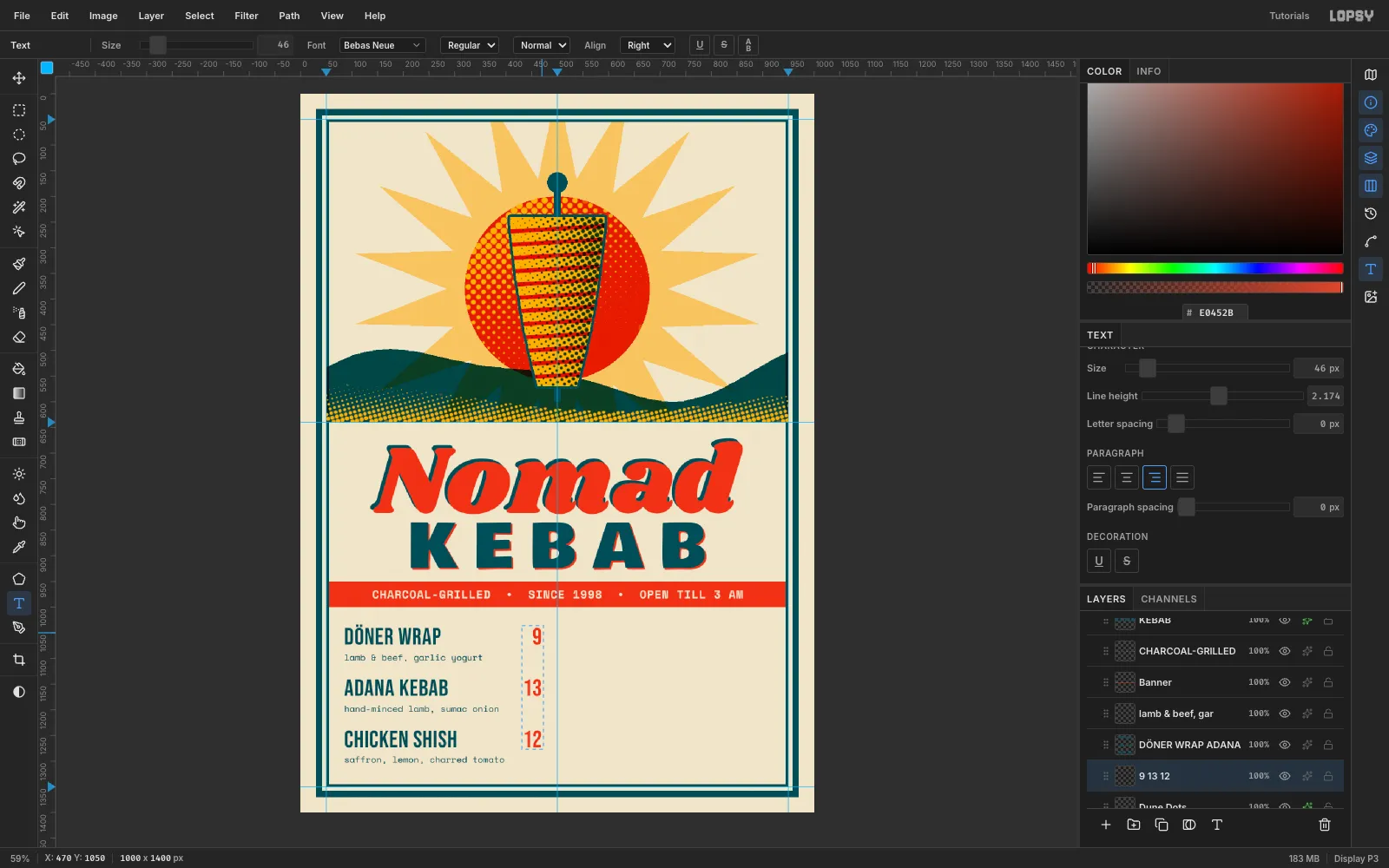 Three teal Bebas Neue menu items with Space Mono descriptions under them and right-aligned red prices