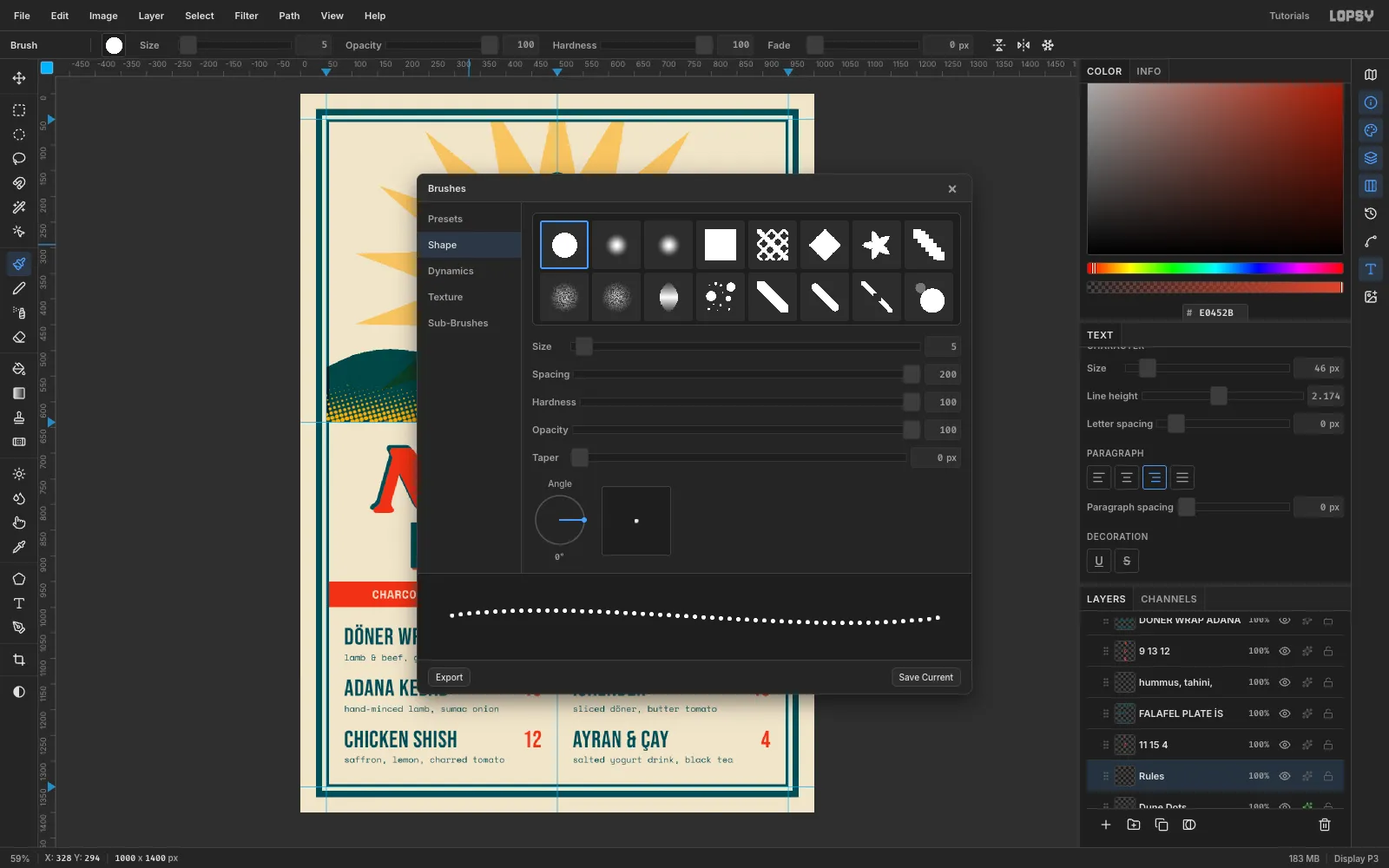 The Brushes modal with Spacing set to 260 percent, previewing a dotted stroke