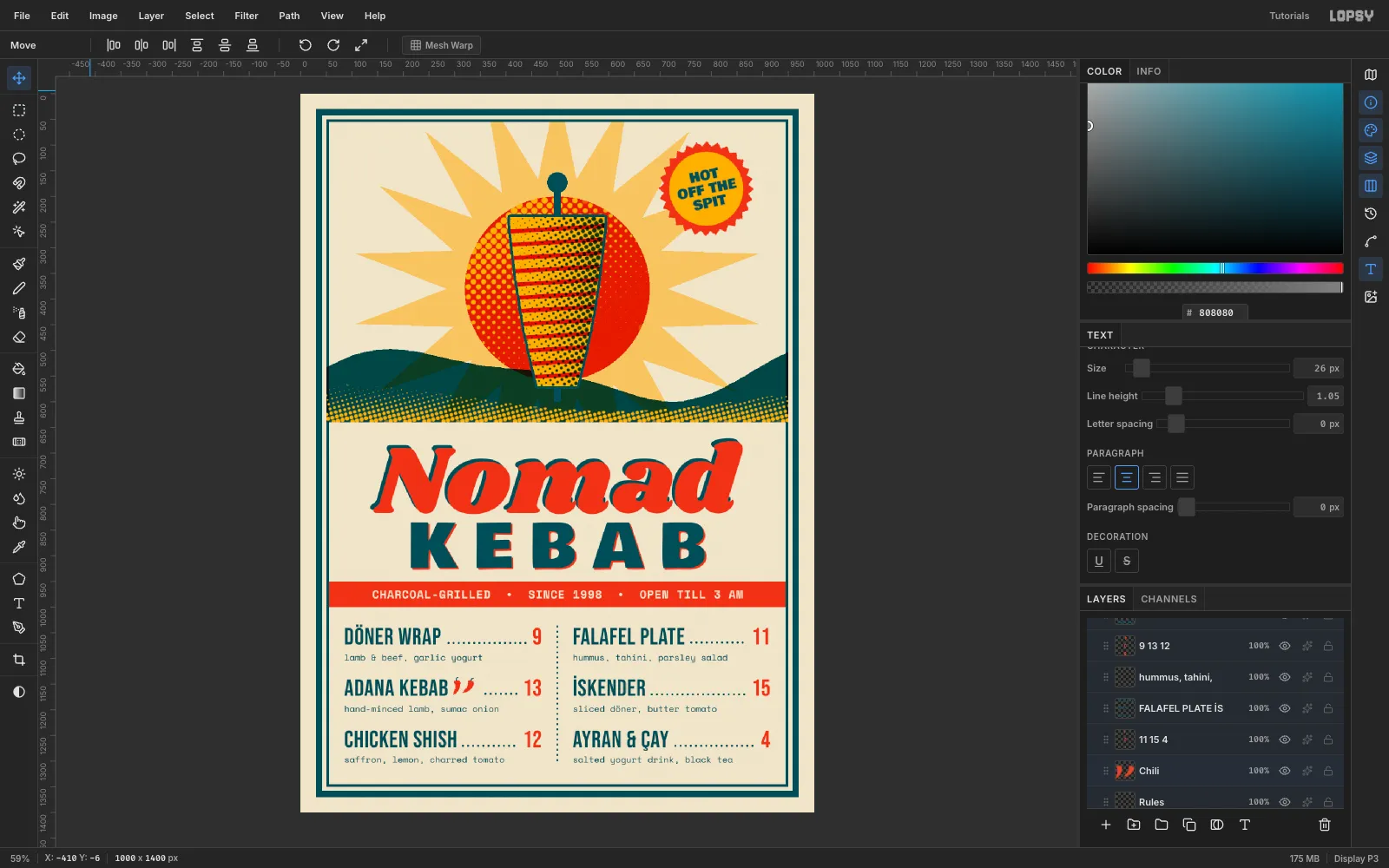 Eight menu layers highlighted in the Layers panel after Cmd-clicking each row