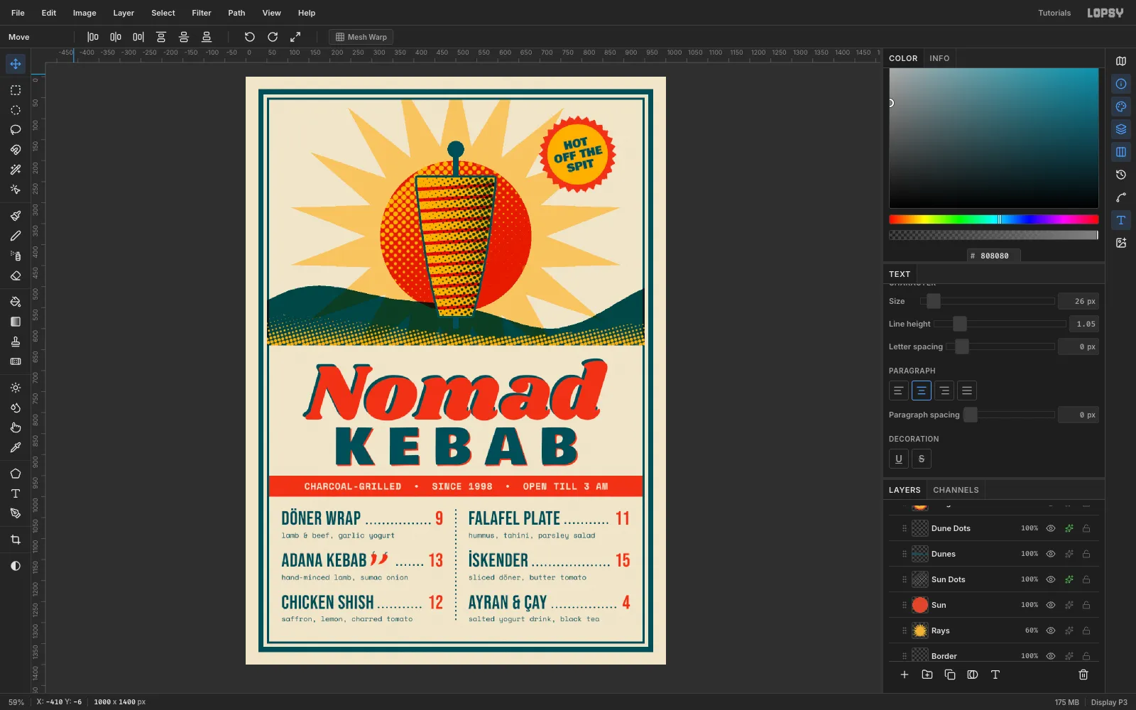 The menu layers gathered in a collapsed Menu group, nudged up 6 px