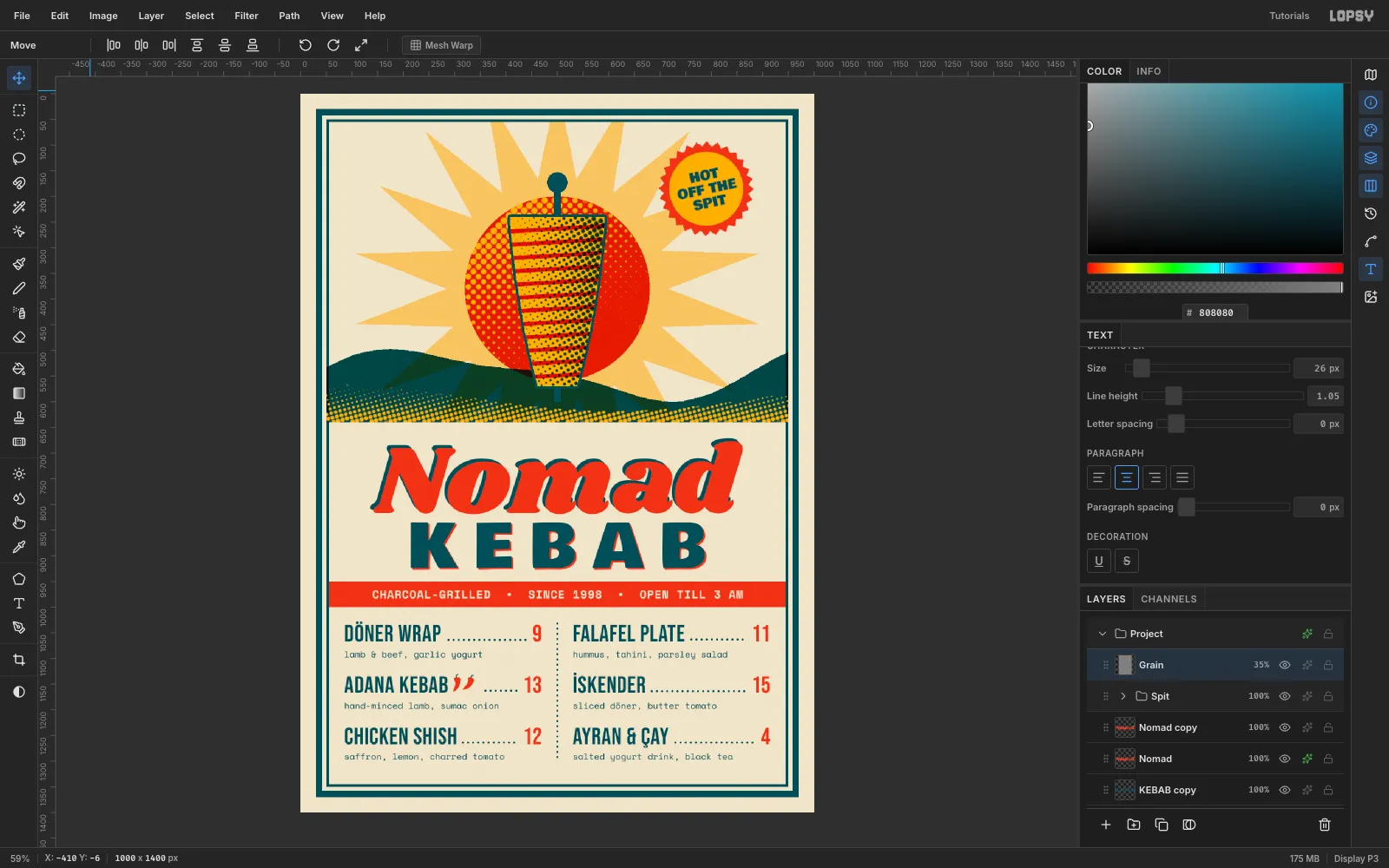 The finished Nomad Kebab screen-print menu in Lopsy