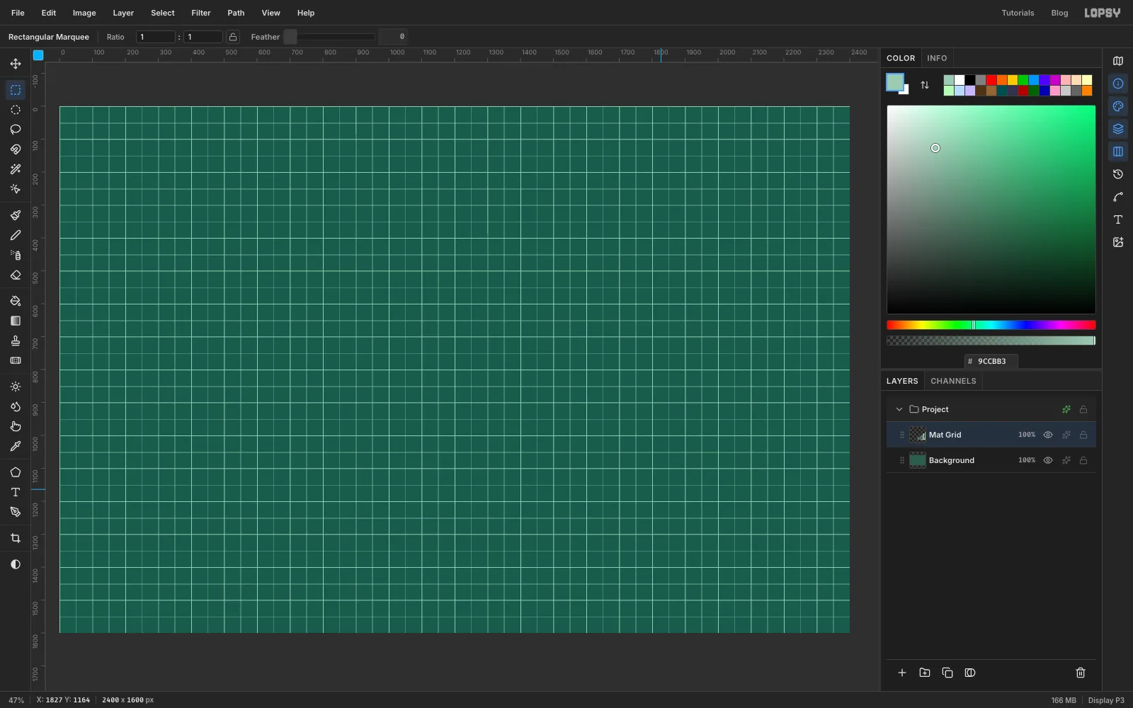 The whole mat covered by a fine pale grid, with stronger lines every 100 px