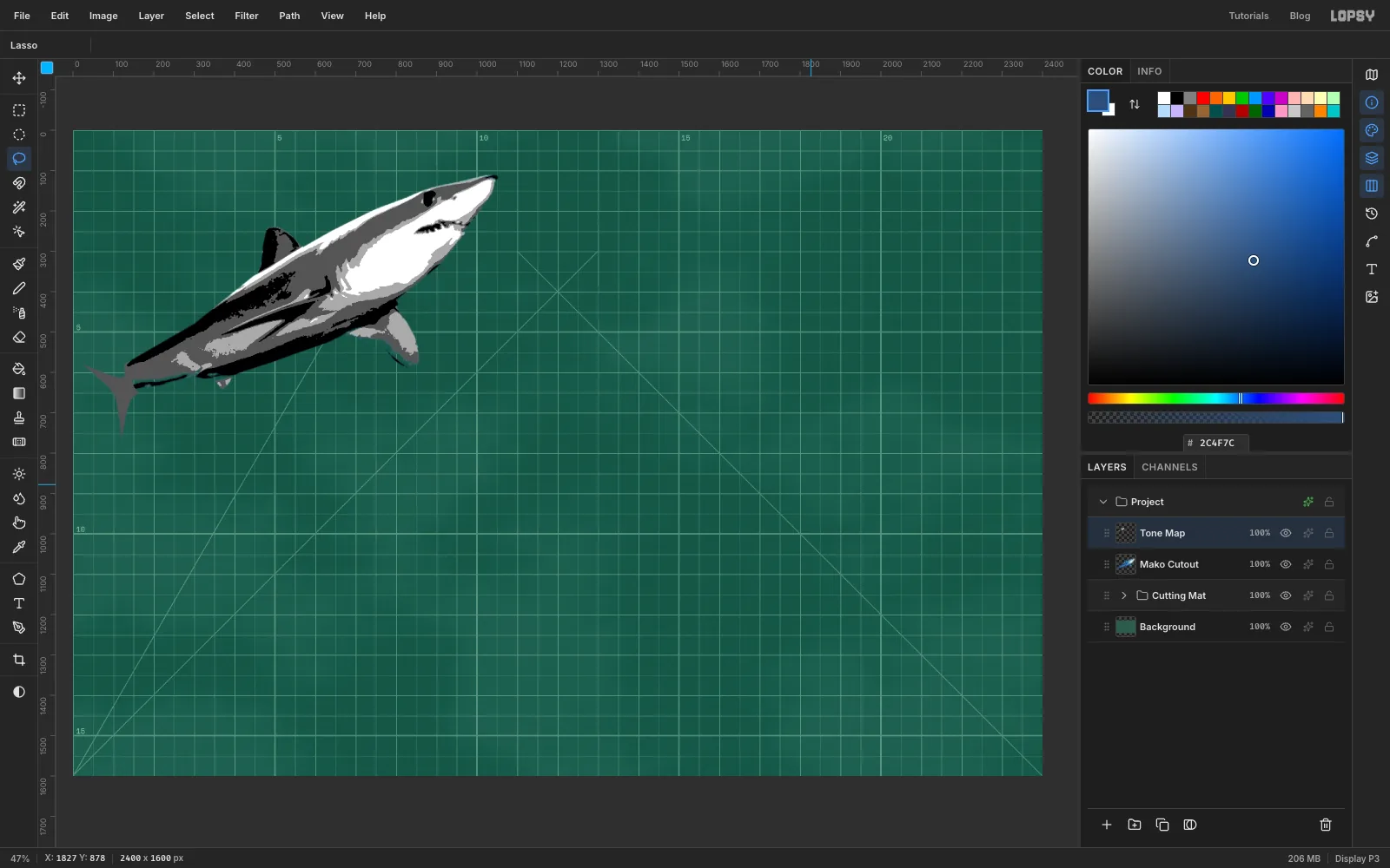 The shark reduced to four flat tones of black, dark grey, light grey and white