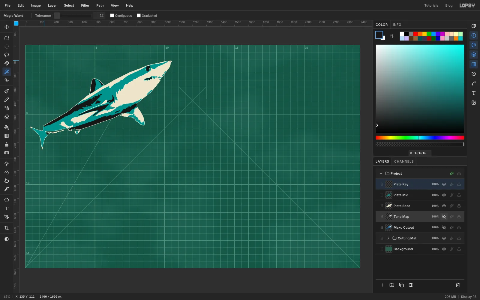 The bone, teal and black plates stacked into a three-colour stencil shark