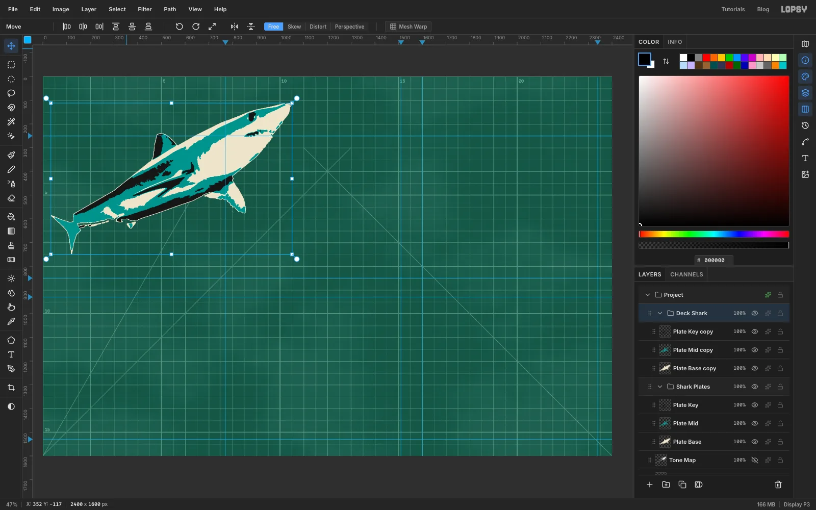 The Layers panel showing a Shark Plates group and a Deck Shark copy with three plate layers in each