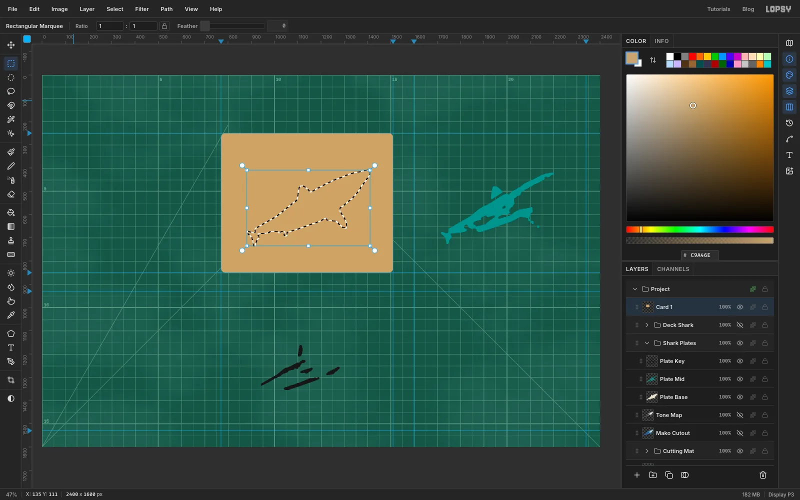 The base plate's outline selected on the card, ready to delete