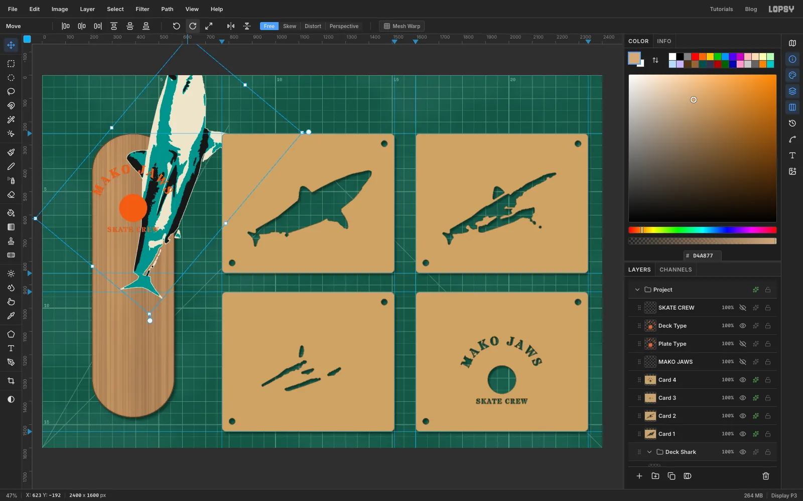 The Deck Shark group rotated so the shark points up, with its transform box tilted