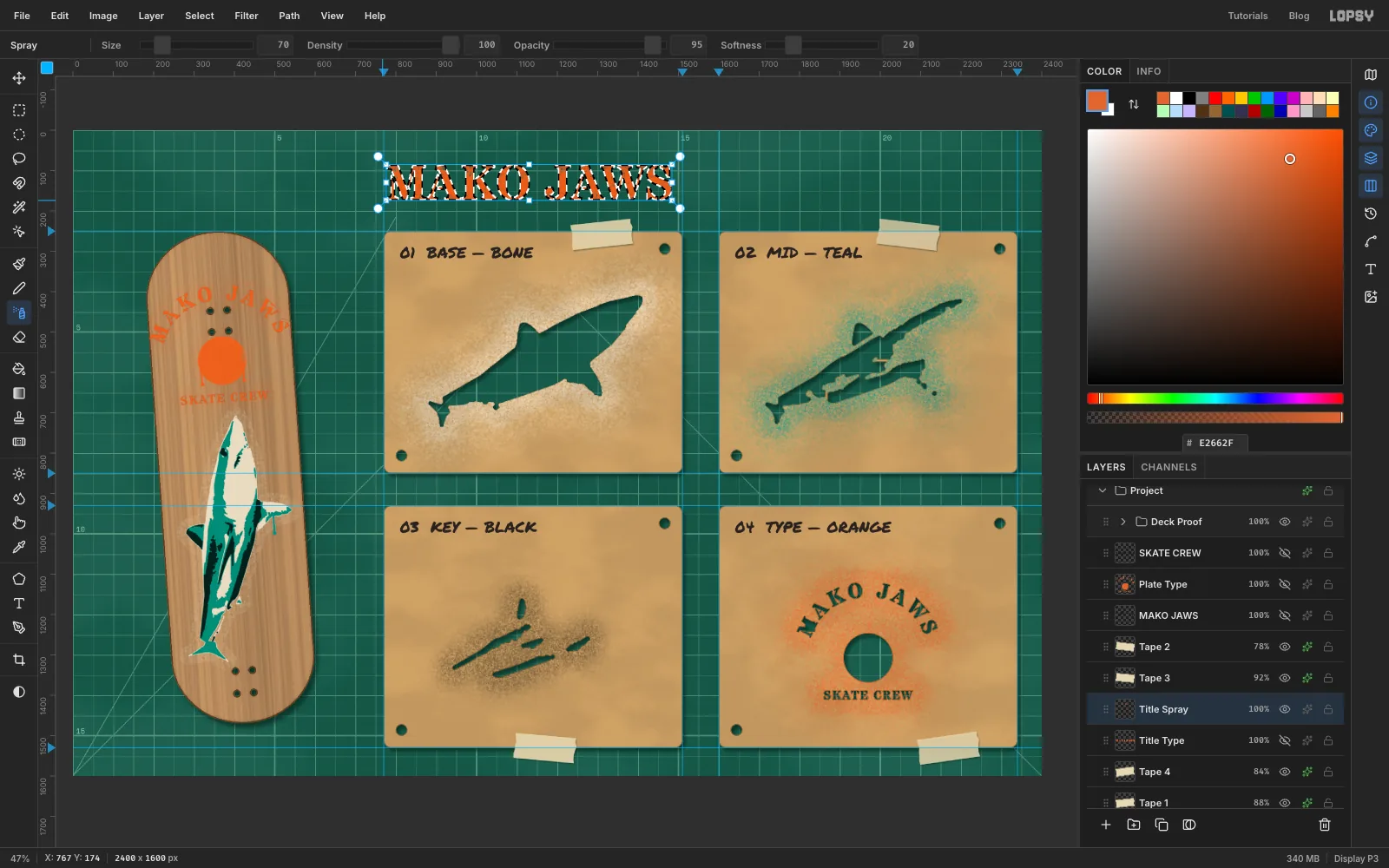 MAKO JAWS outlined by marching ants across the top, partly filled with sprayed orange dots