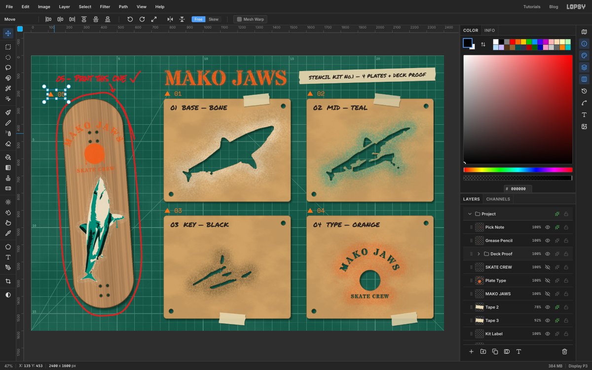 Lopsy with the finished Mako Jaws stencil kit open. Four tan stencil cards with a cut-out shark and lettering sit on a green cutting mat beside a maple skateboard deck sprayed with a teal and bone shark and an orange sun, circled in red grease pencil. The Layers panel lists the Deck Proof group, tapes, labels and cards