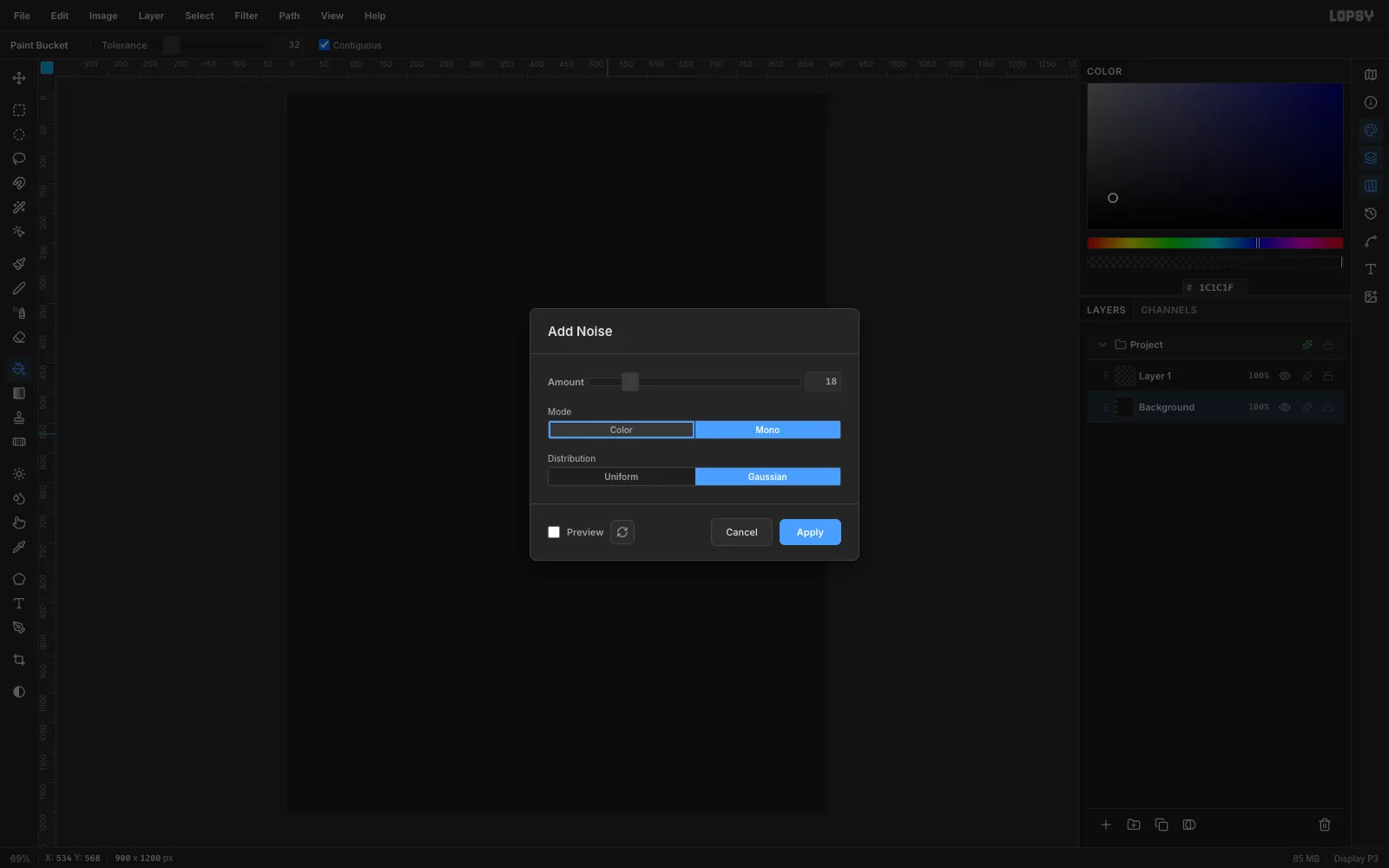 The Add Noise dialog set to Mono and Gaussian with Amount 18 over a charcoal 900 by 1200 canvas