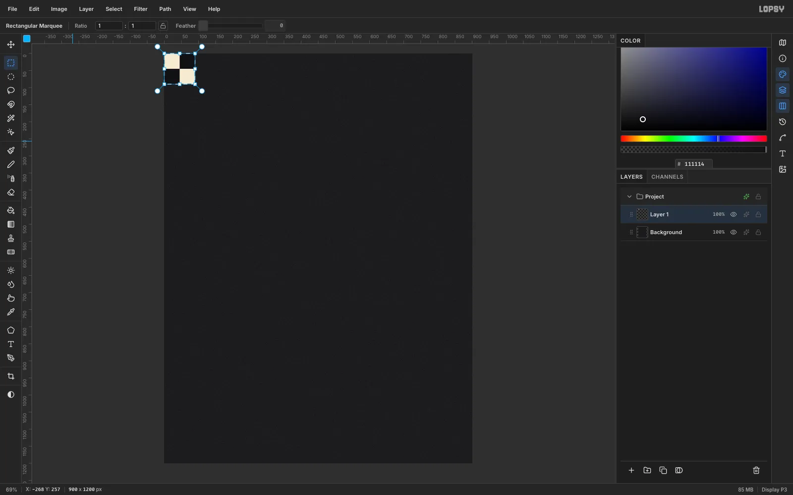 A 90 pixel checker tile of cream and black squares in the top-left corner with a marquee around it