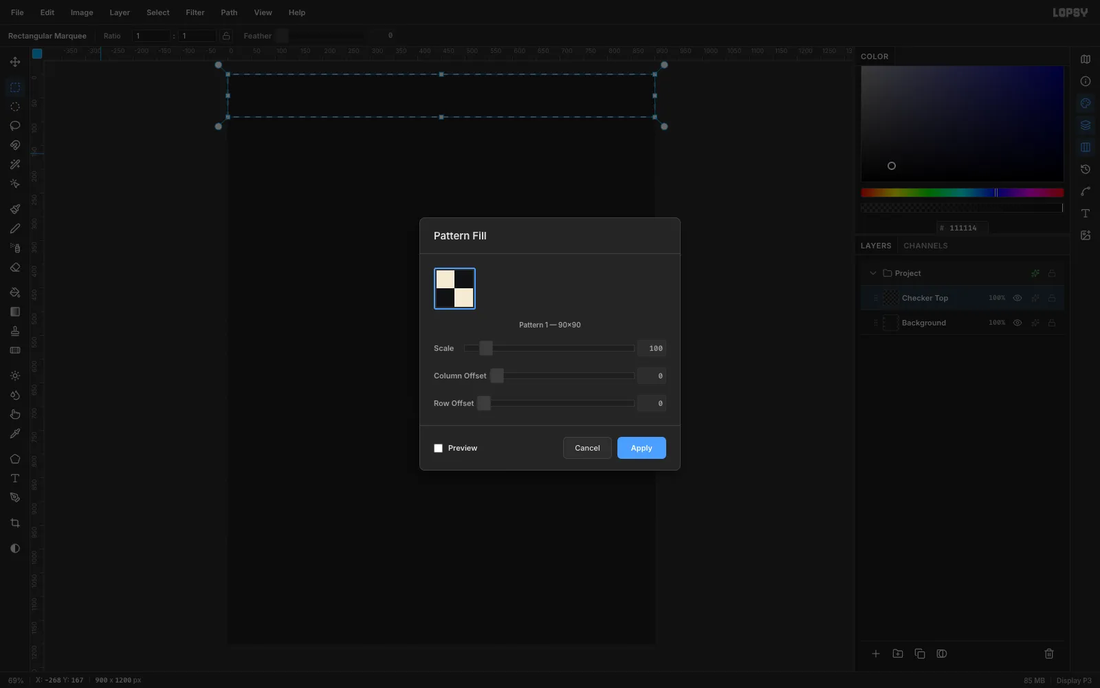 The Pattern Fill dialog showing Pattern 1, 90 by 90, over a 900 by 90 marquee along the top of the canvas