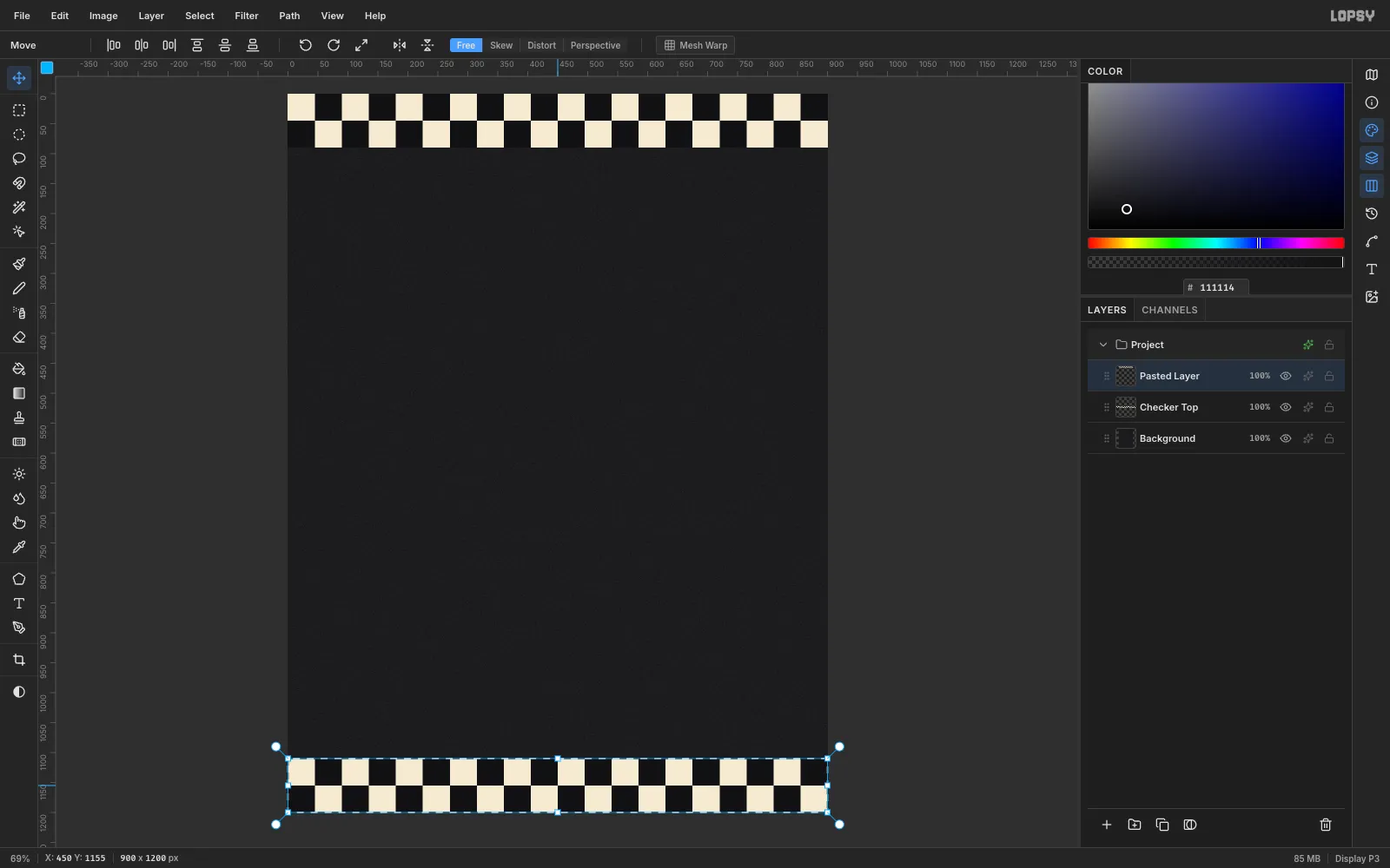 A second checkerboard band moved to the bottom edge of the canvas with its marquee still active