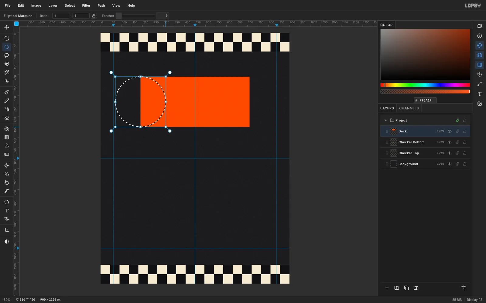 An orange rectangle with an elliptical marquee on its left end, ready to fill the rounded nose