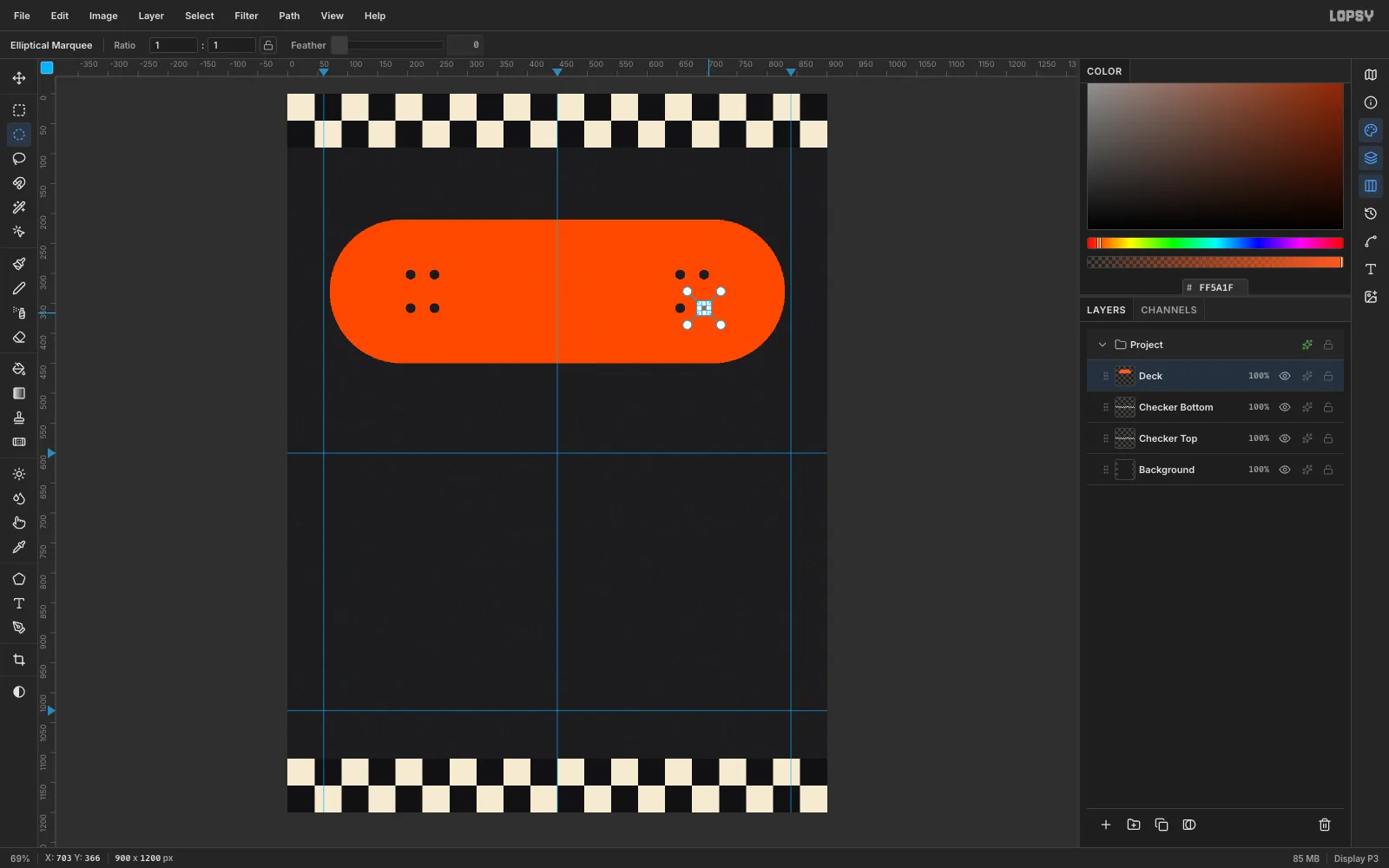 The orange deck with eight small holes near each end and a tiny elliptical marquee around the last one