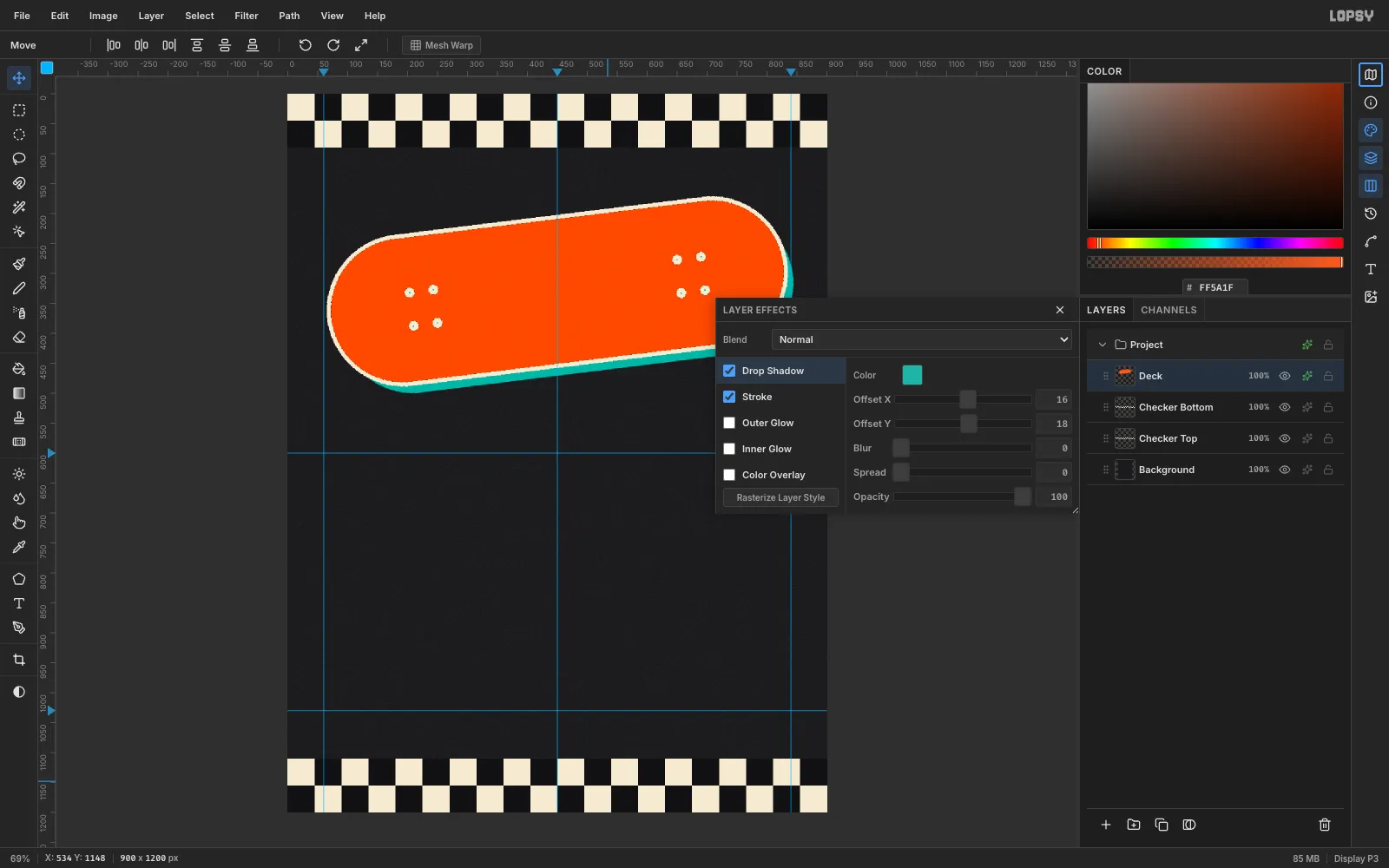 The Layer Effects drawer with Drop Shadow in teal at offset 16 and 18, blur 0, under a deck with a cream outline