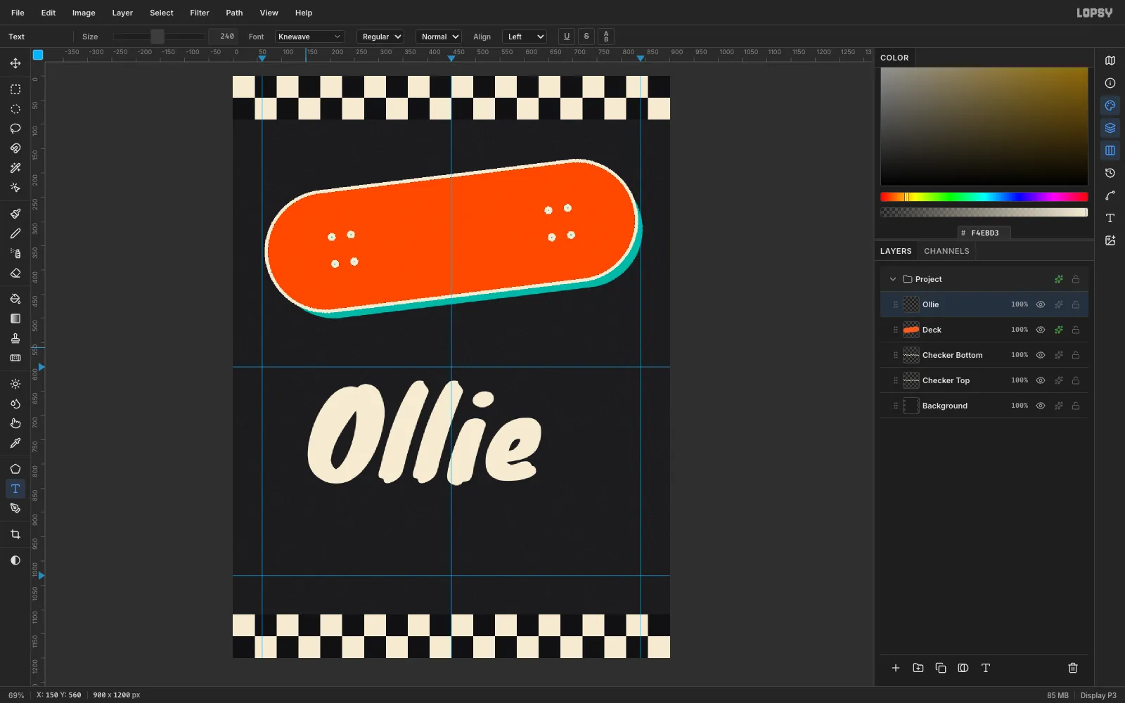 The word Ollie in cream Knewave lettering on the empty canvas below the deck