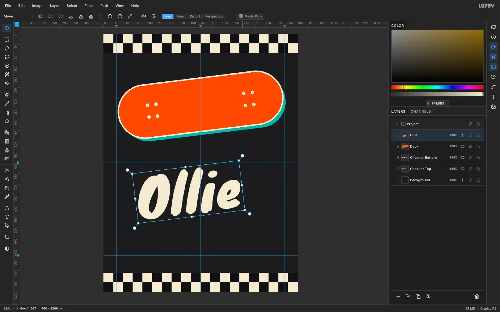 The rasterized Ollie title inside a marquee transform box, rotated to match the deck