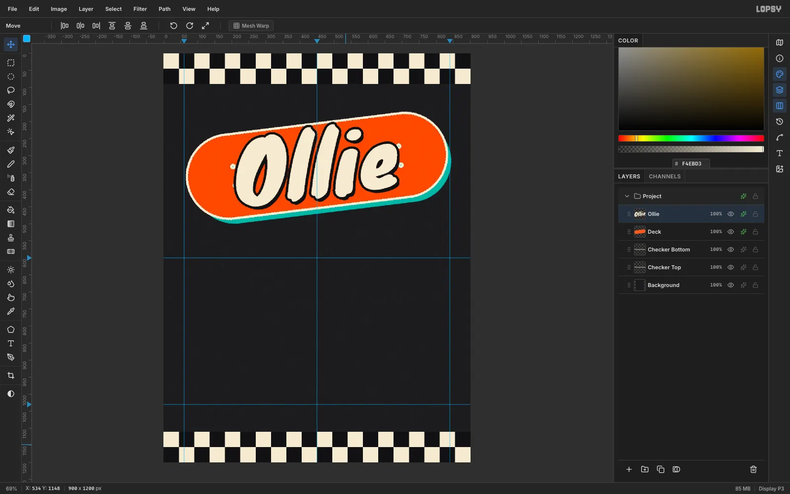 Ollie centred on the tilted orange deck with a thick black outline and a hard black shadow