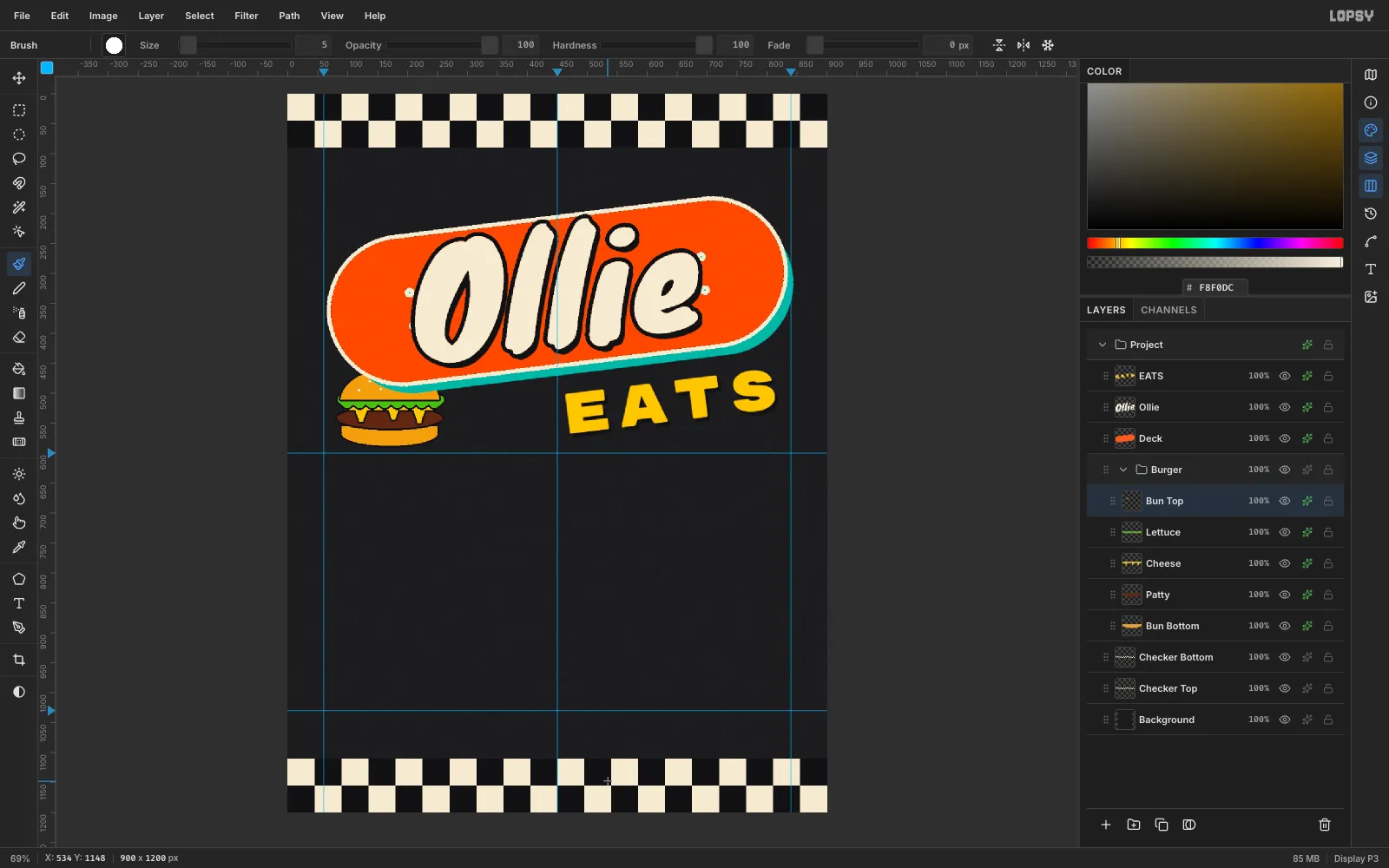 A cartoon burger with a sesame bun, zigzag lettuce, cheese drips and a black outline on every part, tucked partly under the deck