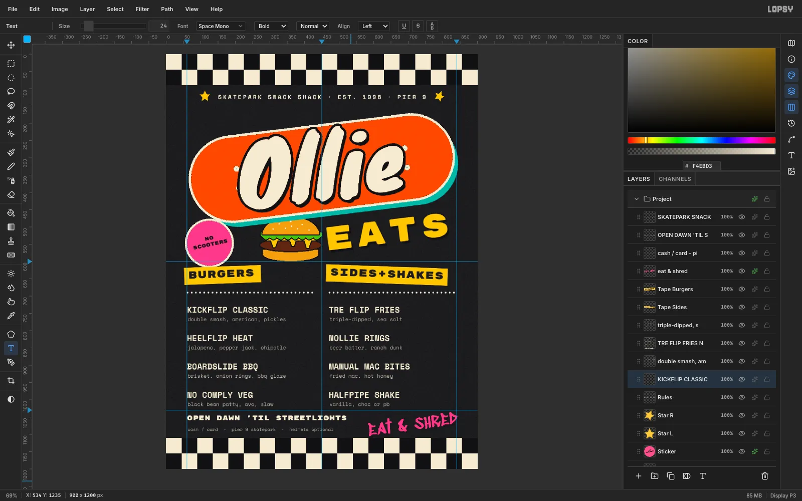 Two columns of cream Space Mono Bold item names, each with a grey description tucked just below it