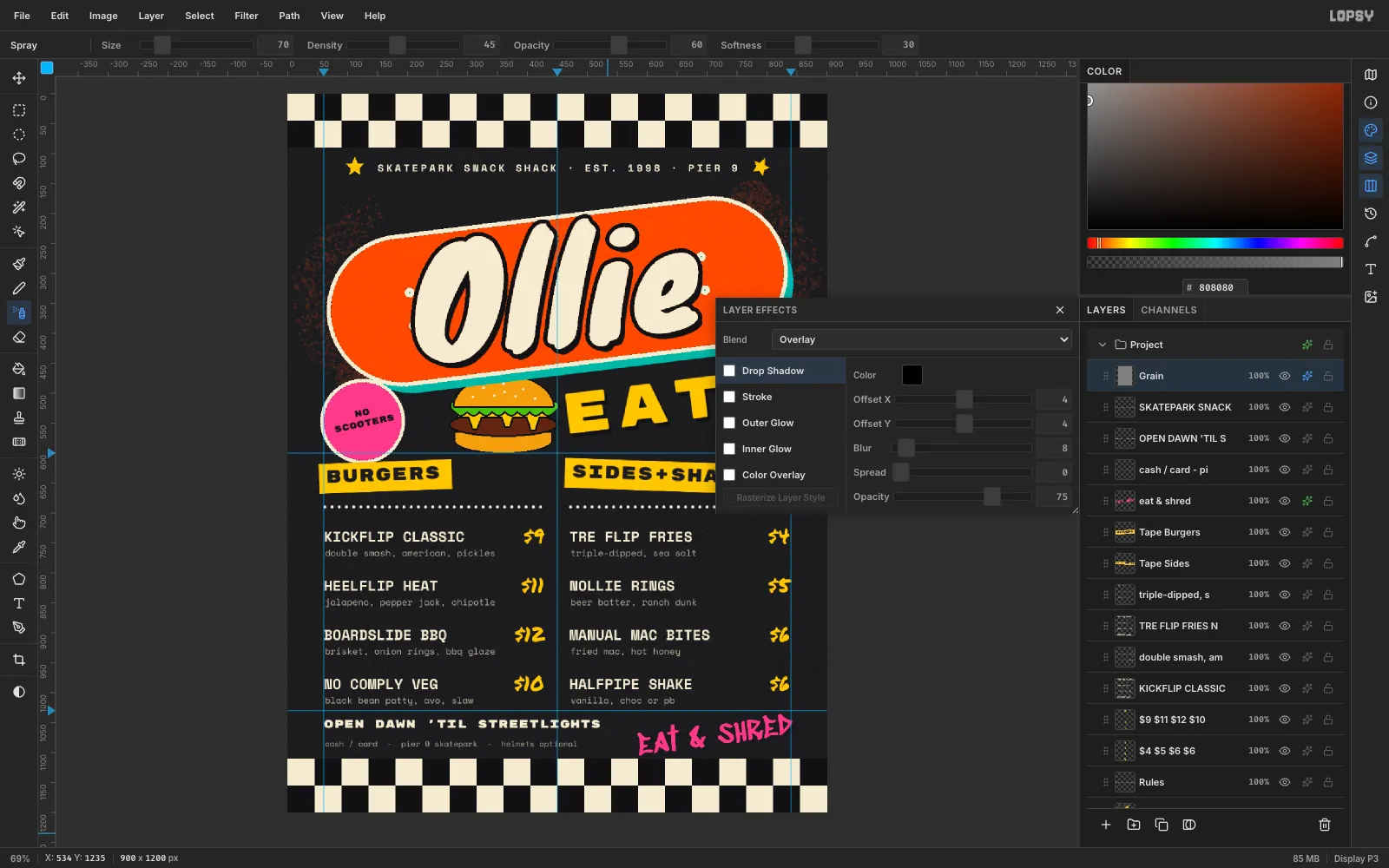 The Layer Effects drawer with Blend set to Overlay on a grey noise layer at the top of the stack